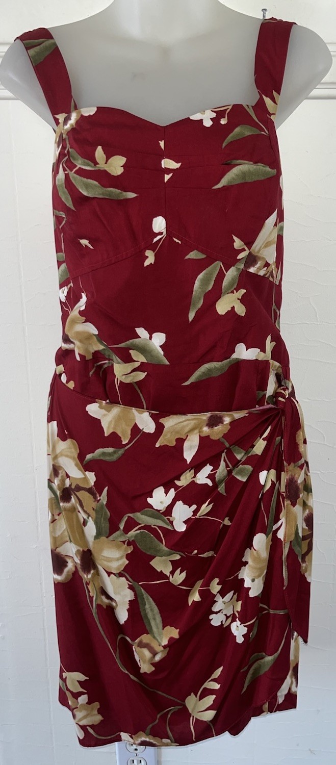 Vtg 90s Paradise Found Hawaiian Dress Burgundy Floral Sarong Wrap USA Made Sz L