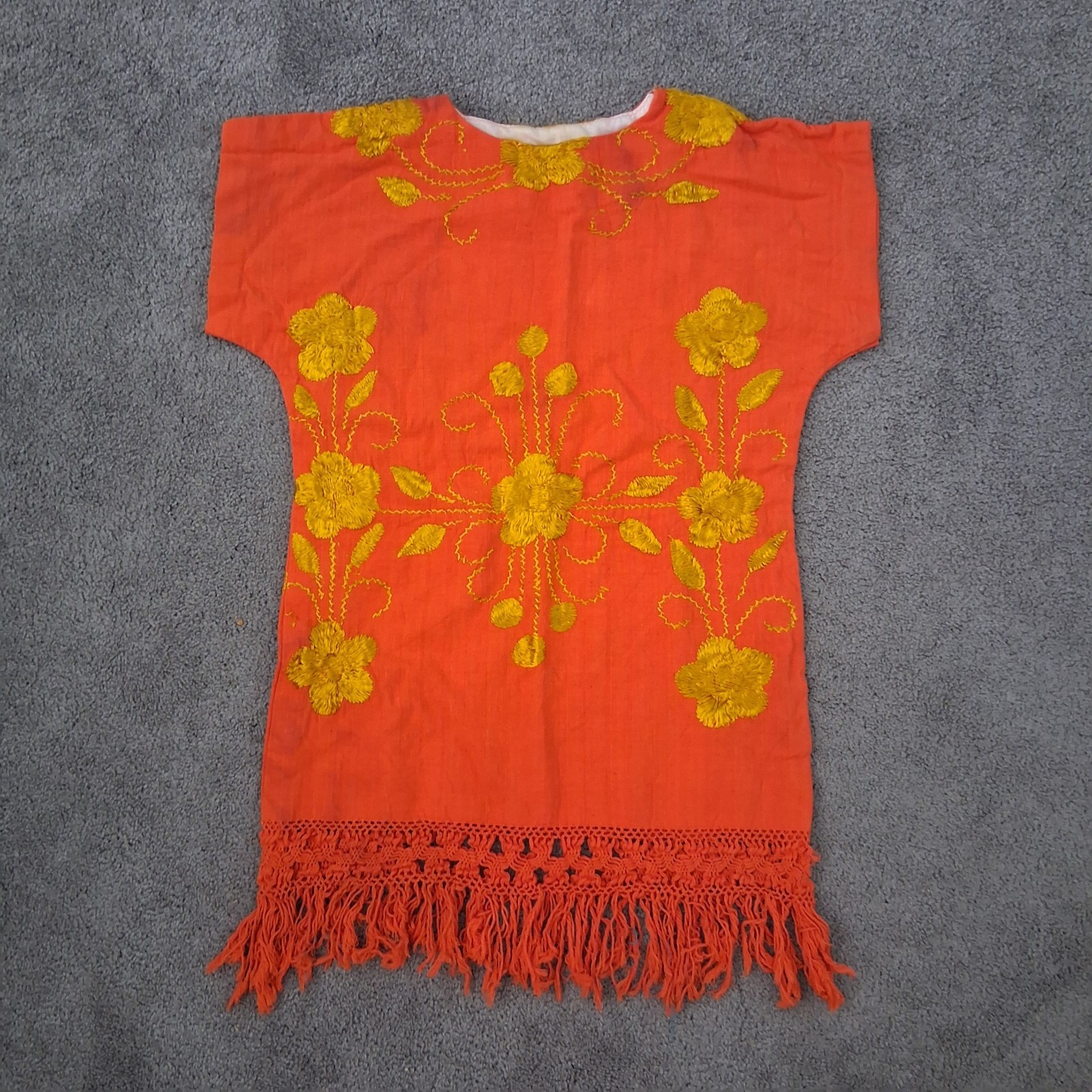 Vtg 70s Mexican Huipil Tunic Hand Embroidered Boho Floral Fringe Orange & Gold