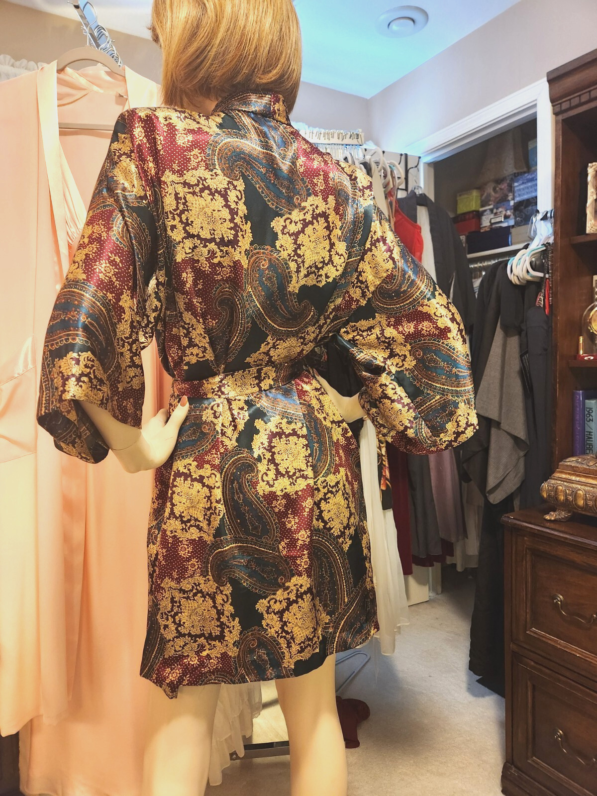 Vtg Sz L California Dynasty Shiny Green Wine Multi Paisley Satin Wrap Robe