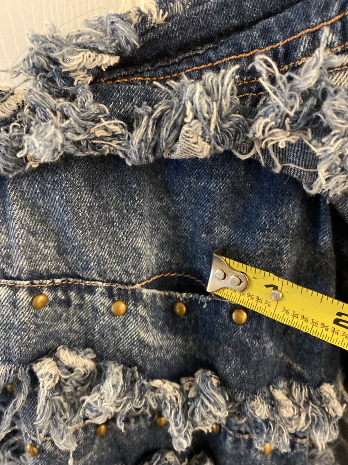 VTG Style Frayed Shaggy Fringe Denim Shacket L Brass Tone Buttons Boho Western