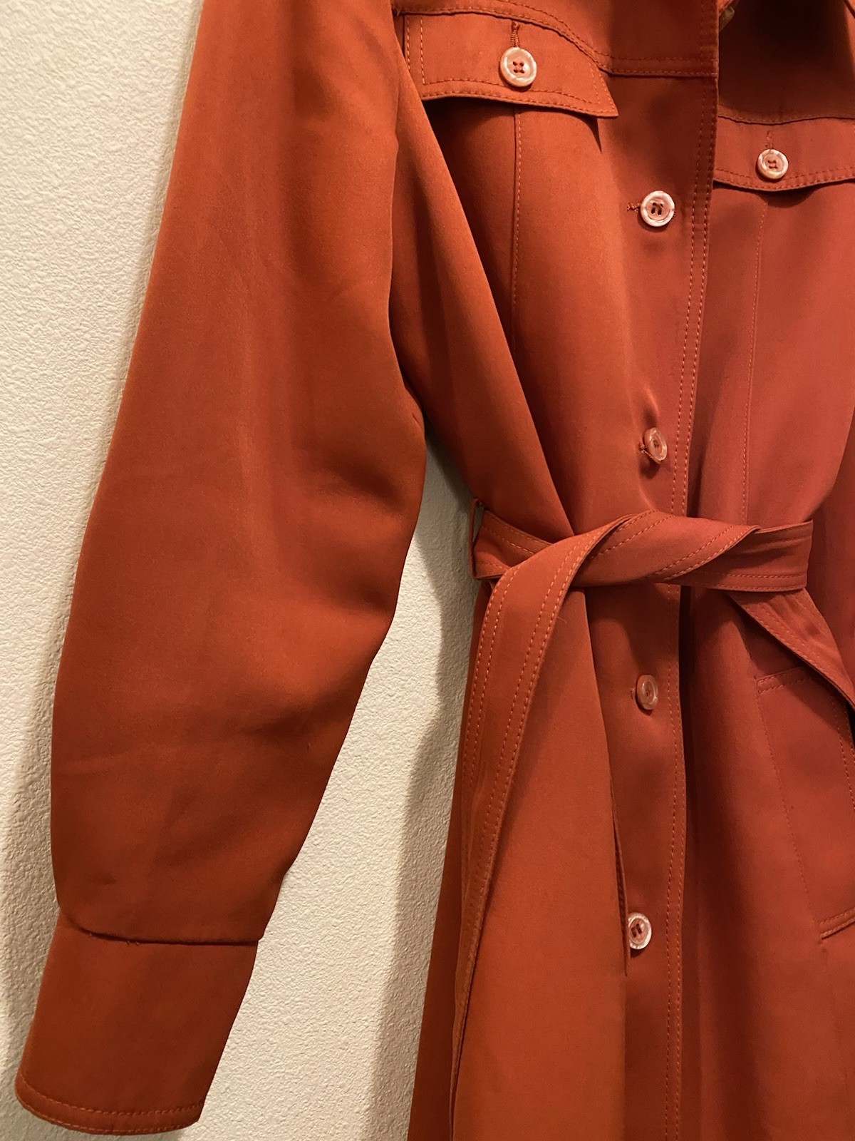 Vintage 1970s Sirocco Rust Orange Trench Coat Plaid Lining Belt Sz 12 Exc