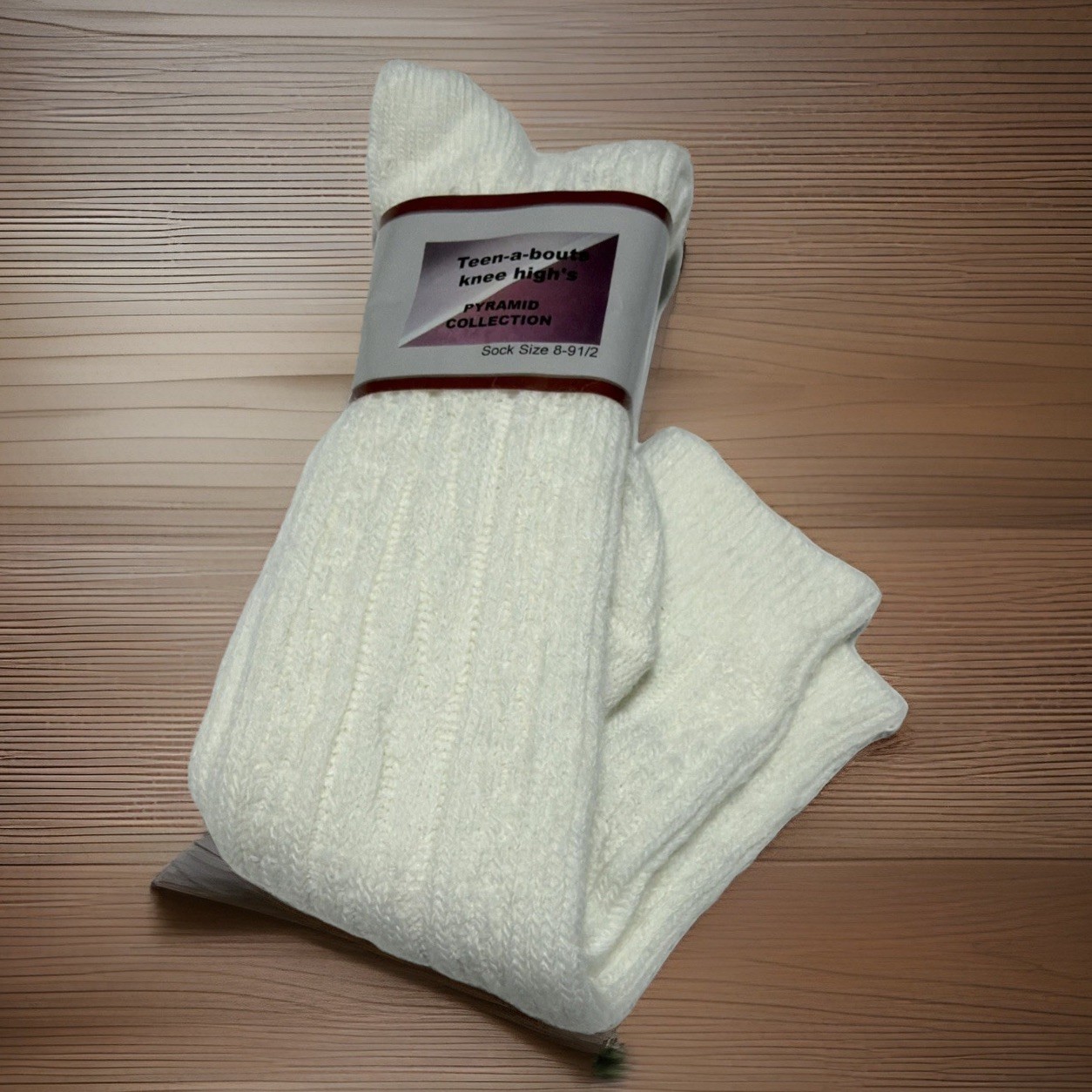 VTG Socks Hosiery School Girl Cable Knit 90s 8-9.5 Ivory Teen Abouts 20″ USA.