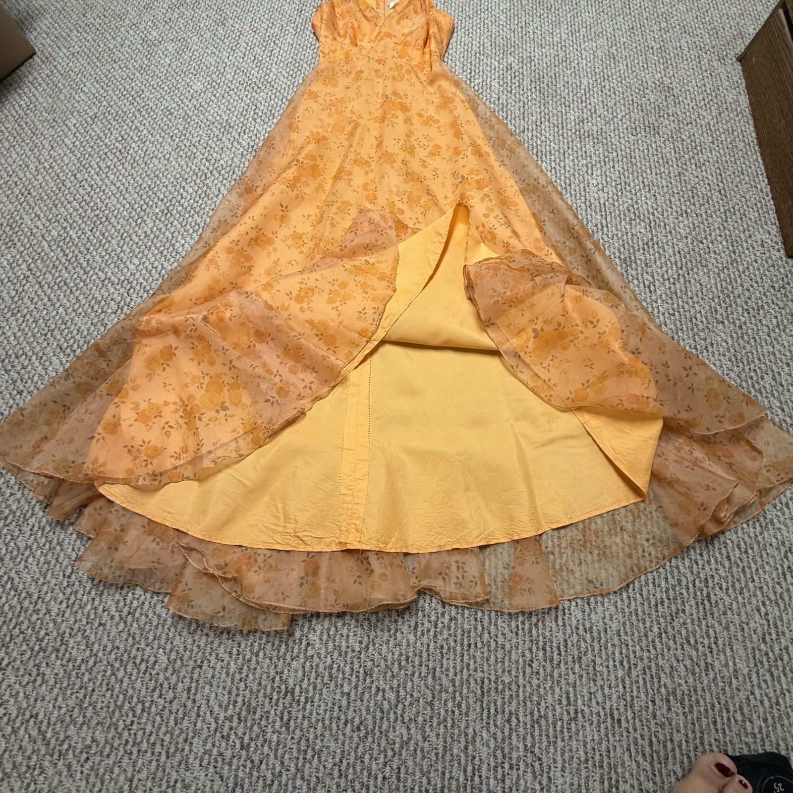 VTG 70s Maxi Dress S Floral Convertible Ruffle Cascade Bustle Train ILGWU USA