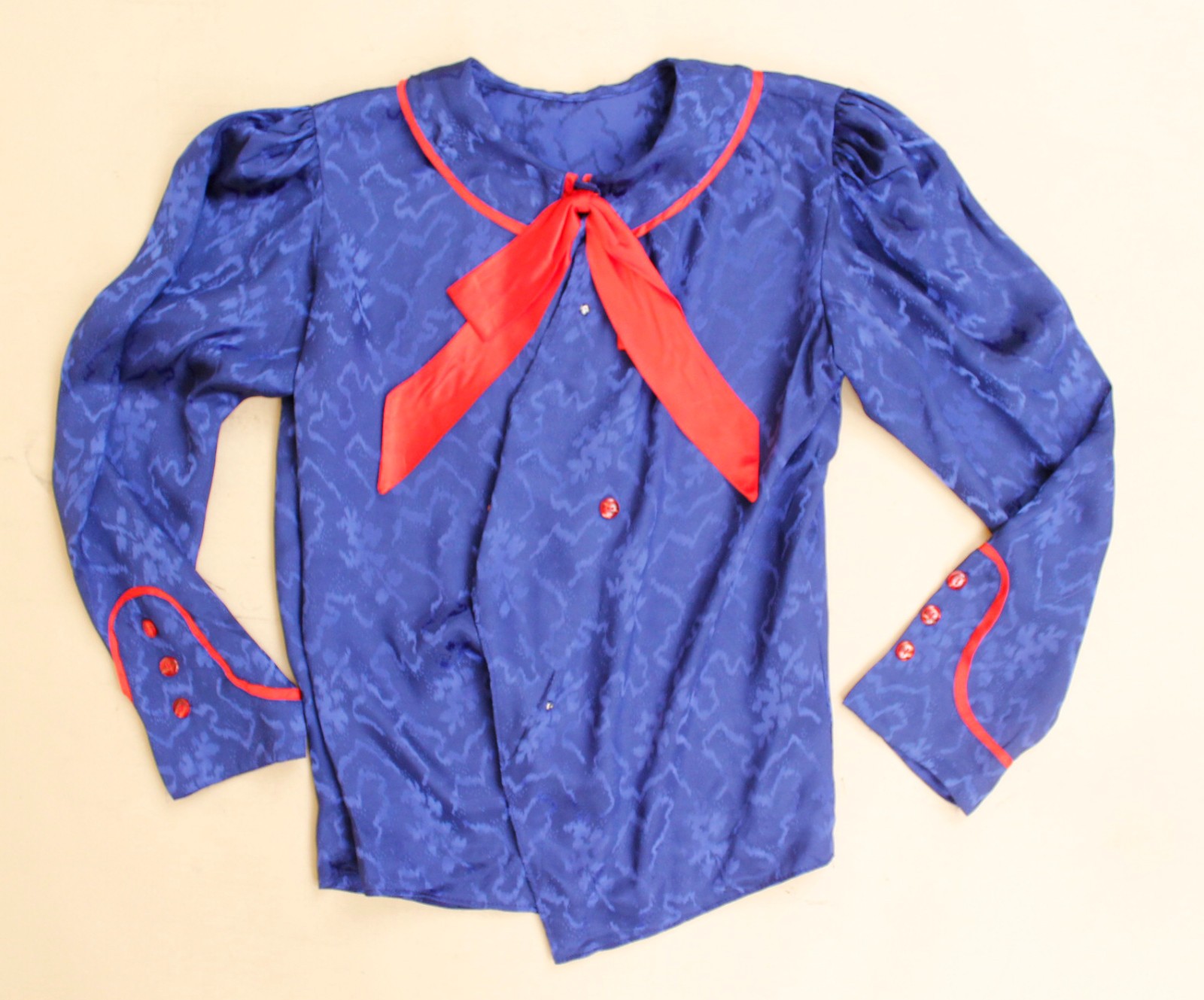 80s Vtg Blue Satin Sailor Moon Style Collar Blouse Shirt Button Up Nautical B34″