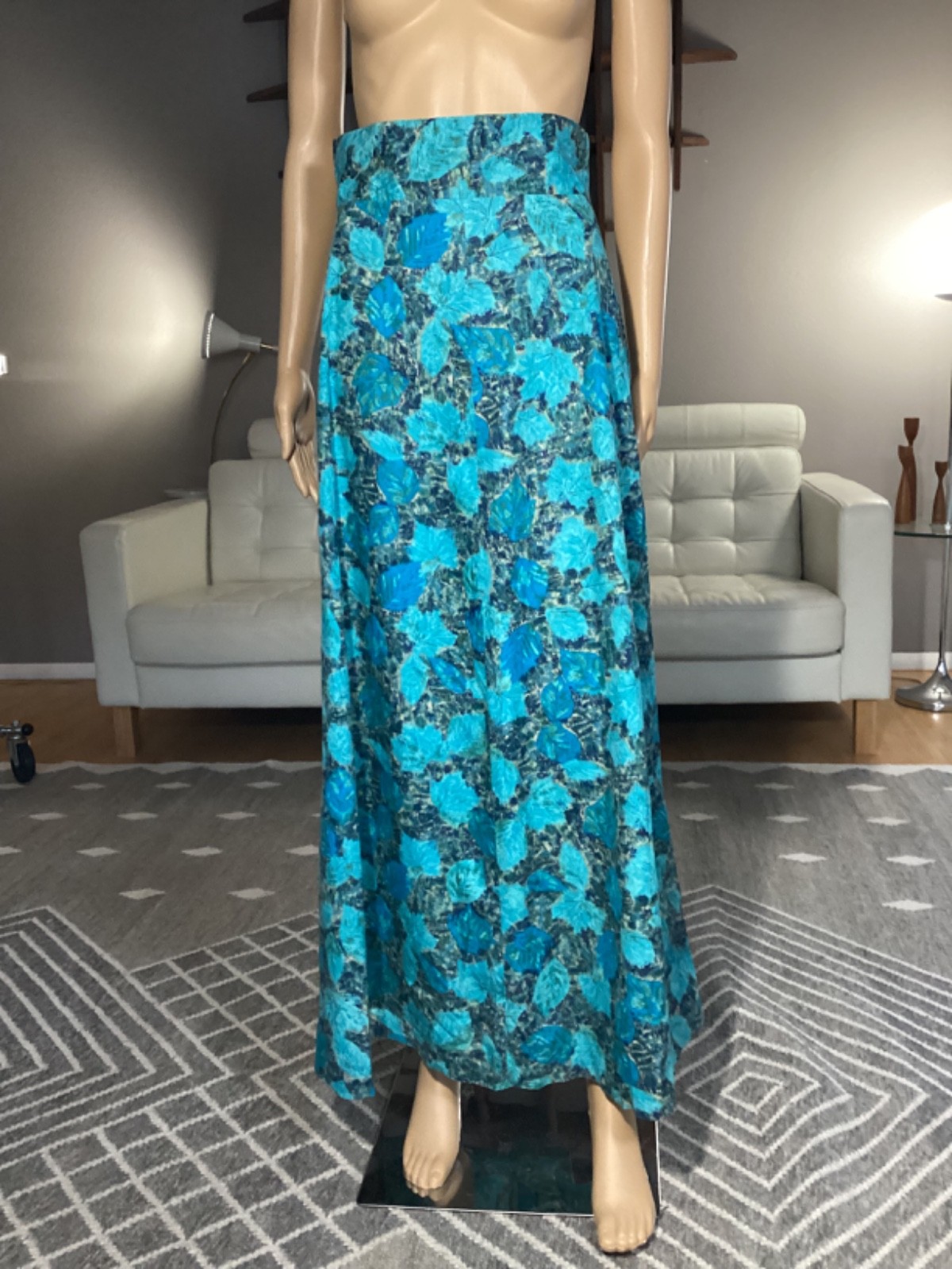 Vintage 50s 60s Turquoise Blue Leaf Pattern Cotton Long Maxi Skirt