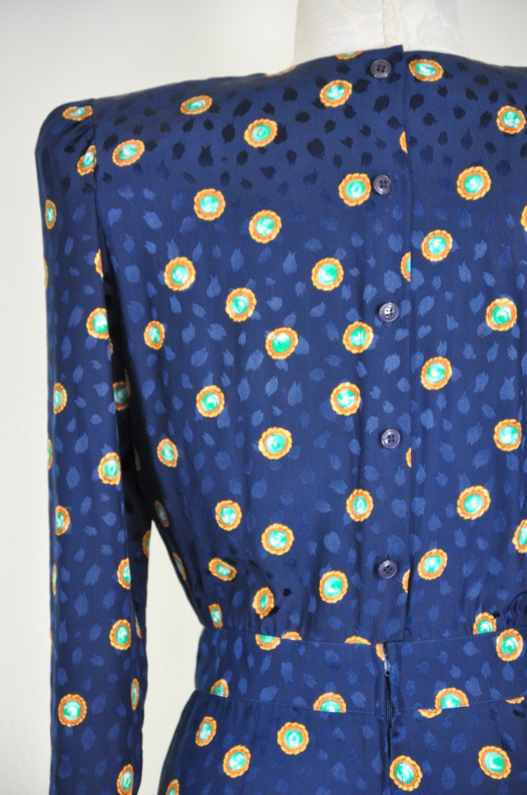 80s Vintage Navy Blue Silk Gemstone Print Puff Sleeve Back Buttons Dress Women S