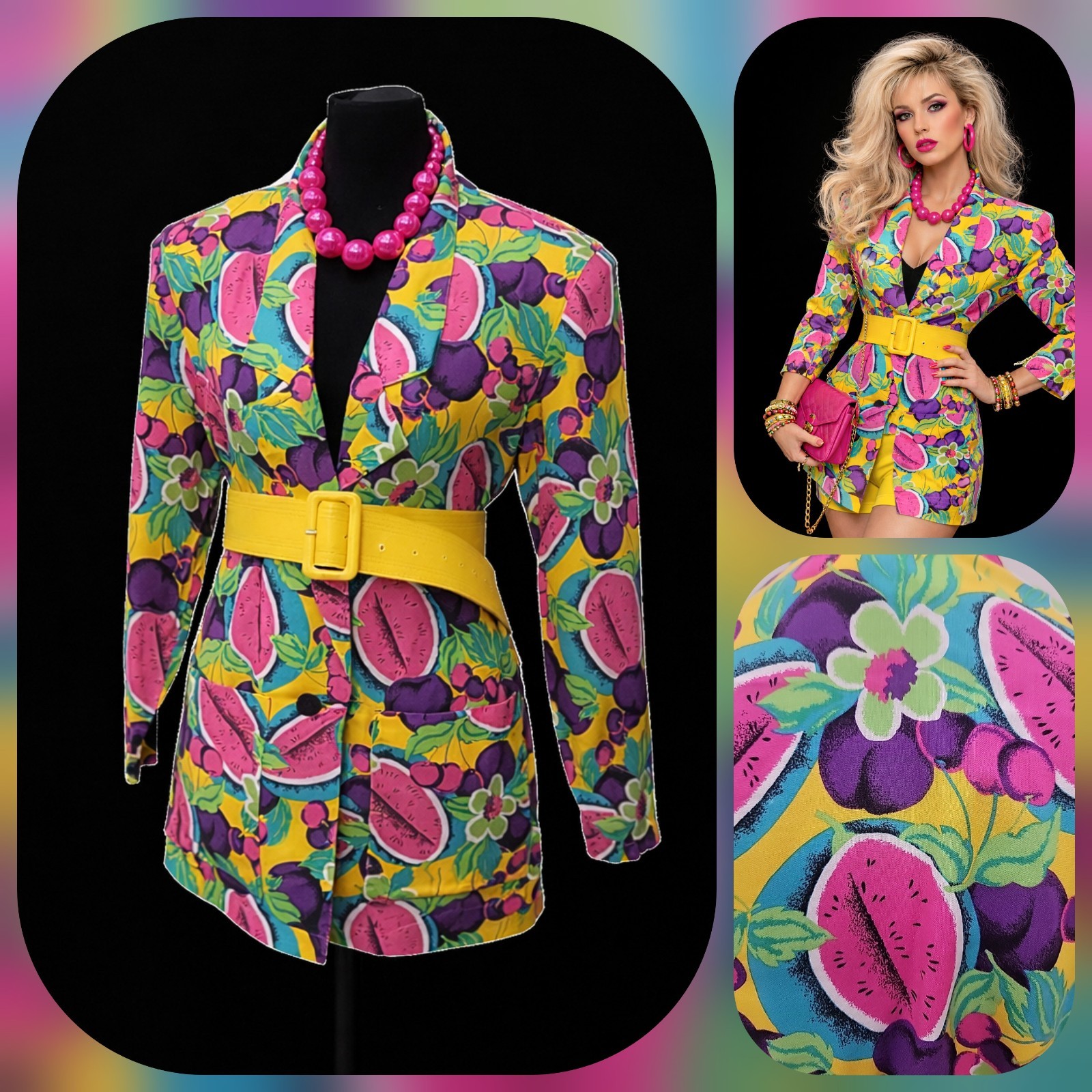 VTG’80s Claudia Kitsch Fruit Print Blazer Jacket Watermelon Cherry Pop Art Deco