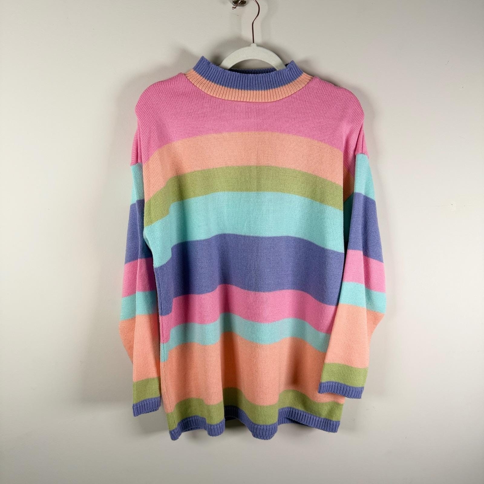 Bedford Fair Lifestyles Vintage Pastel Rainbow Striped Acrylic Sweater Large USA