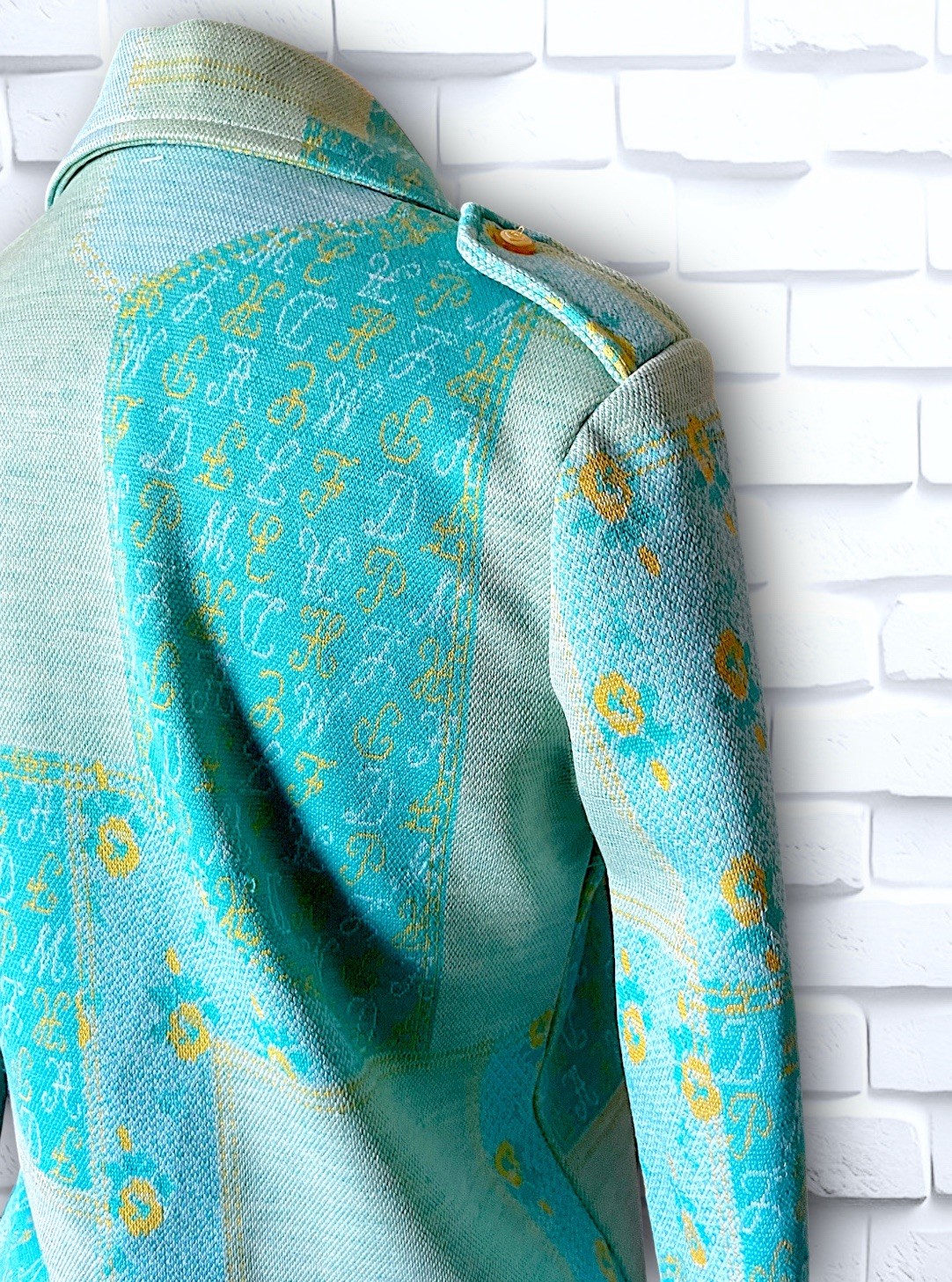 1960’s Teal, Sea Foam Green & Yellow Patchwork & Monogram Pattern Suit Spring