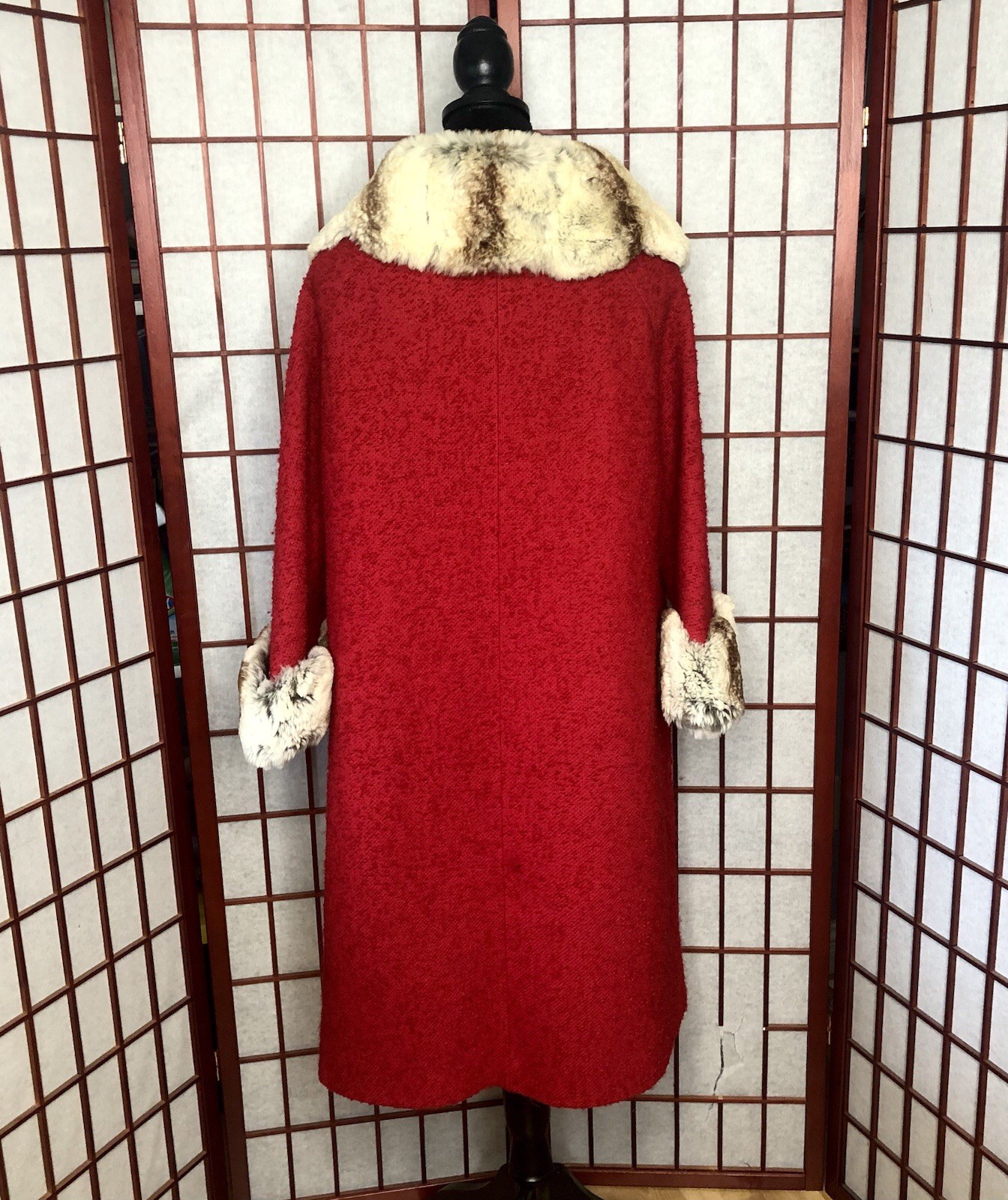 Vintage 1950s Red Nubby Boucle Swing Rockabilly Fur Trim Coat Med/Large