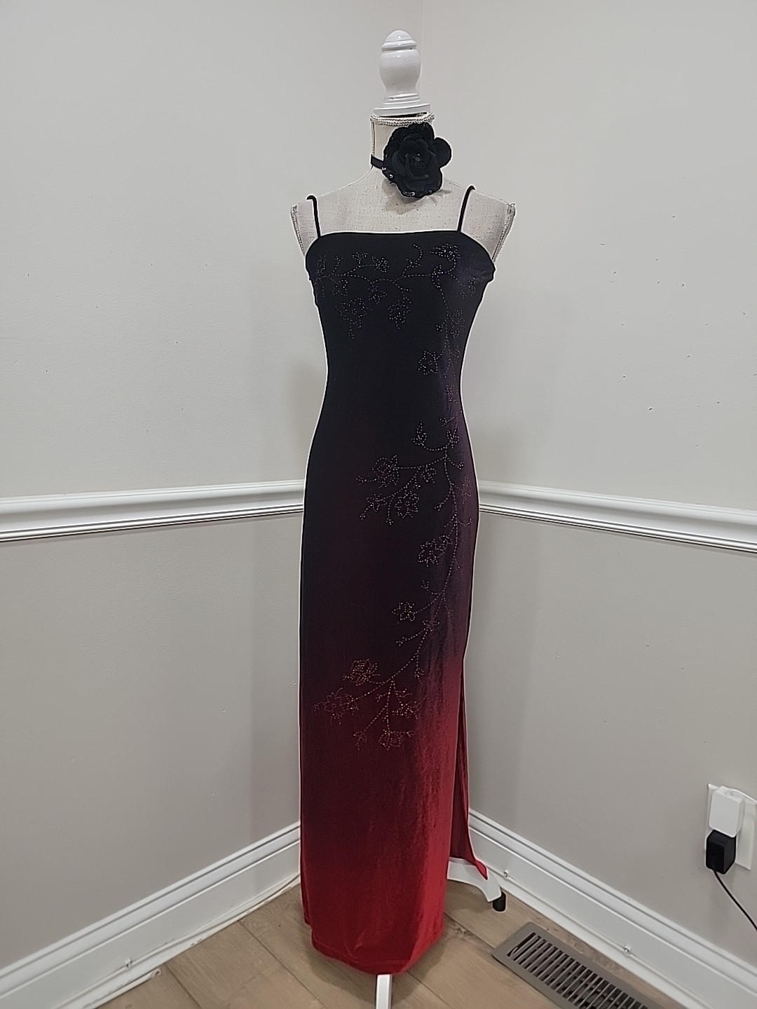 Vtg Y2K Status Collection Velour Ombre Red Black Whimsigoth Maxi Slip Dress