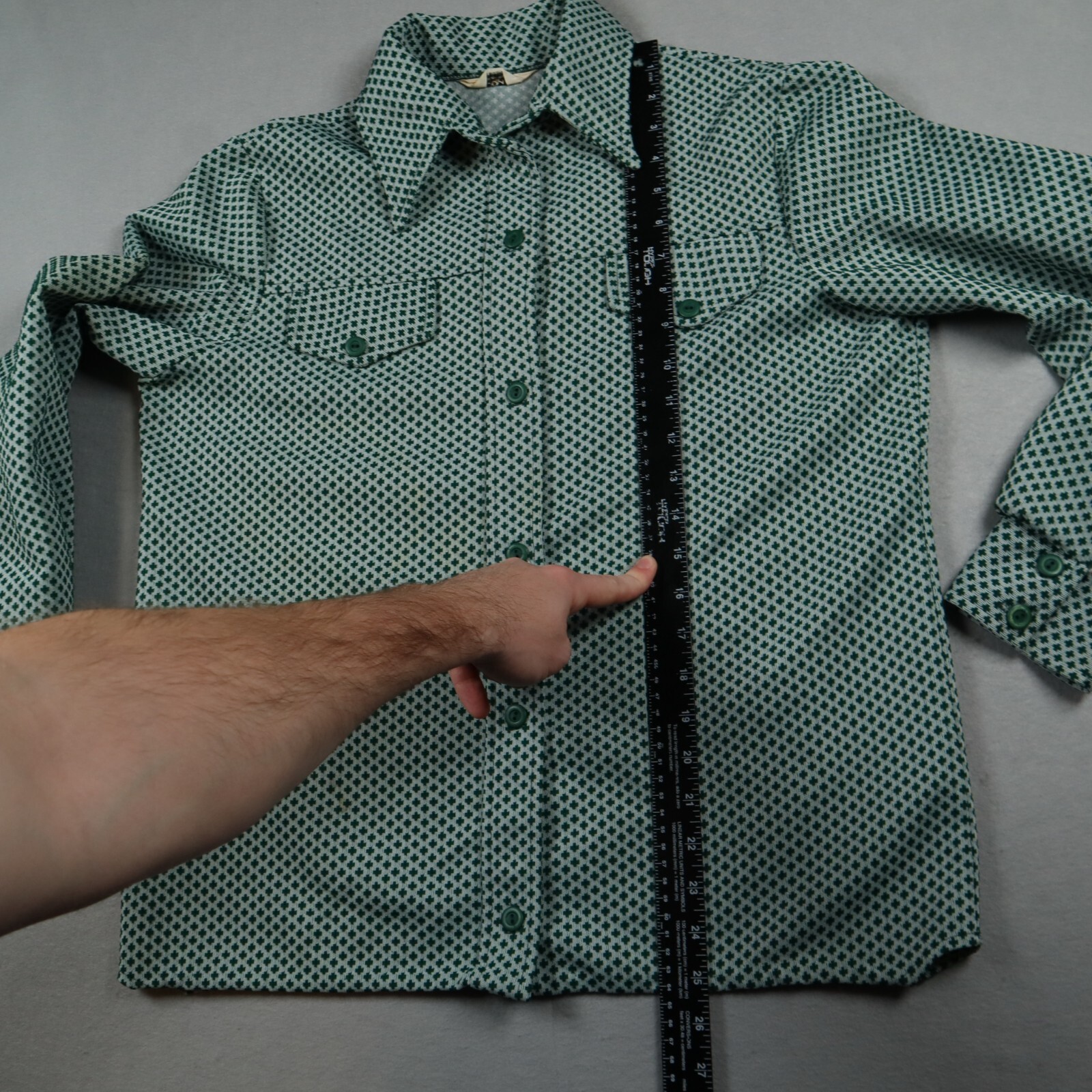Vtg 70s MLM Mayer Lang Marquis Retro Green Geometric Button Shirt Womens Medium*