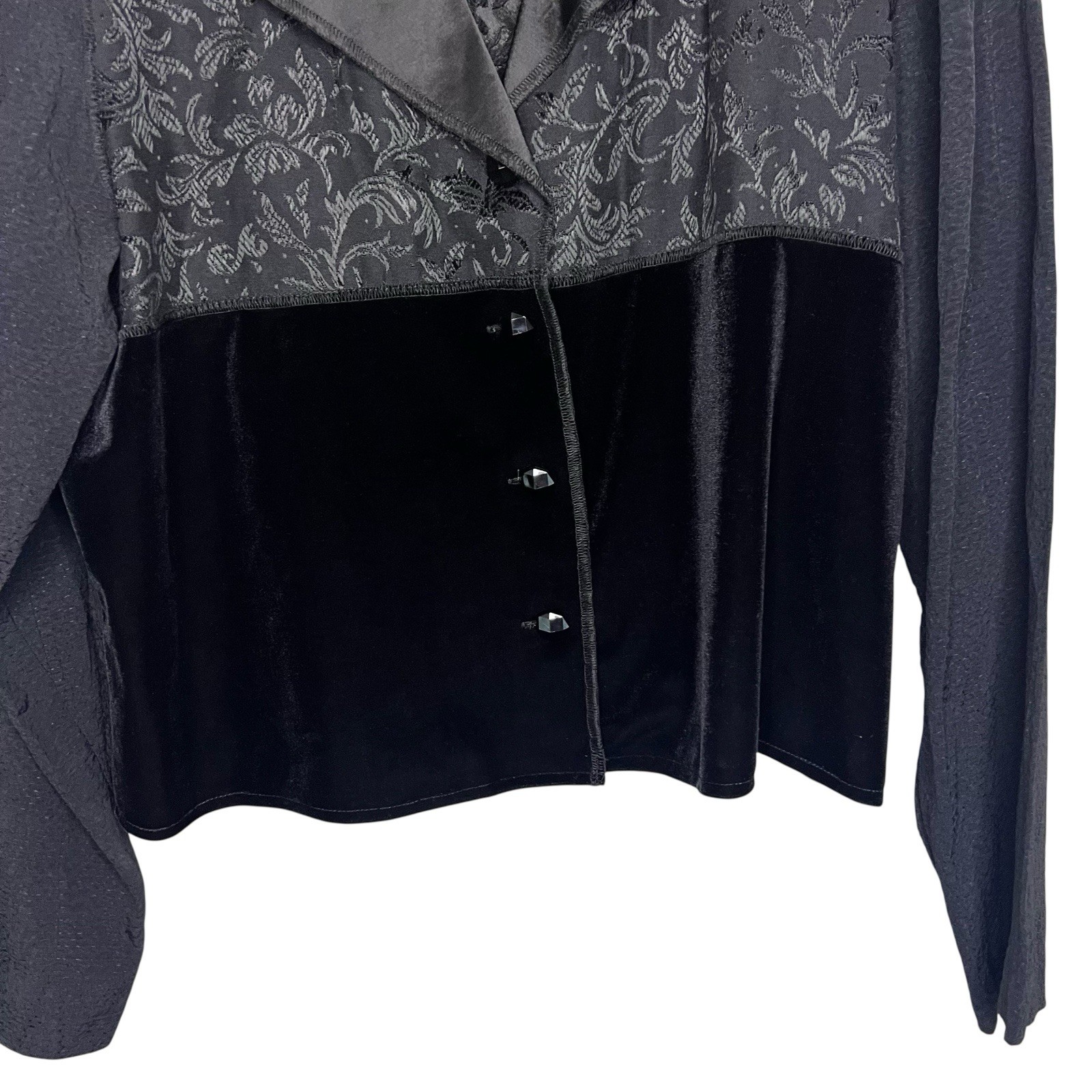 Vintage Black With Velvet Detail Women Formal Collar Shirt Blouse