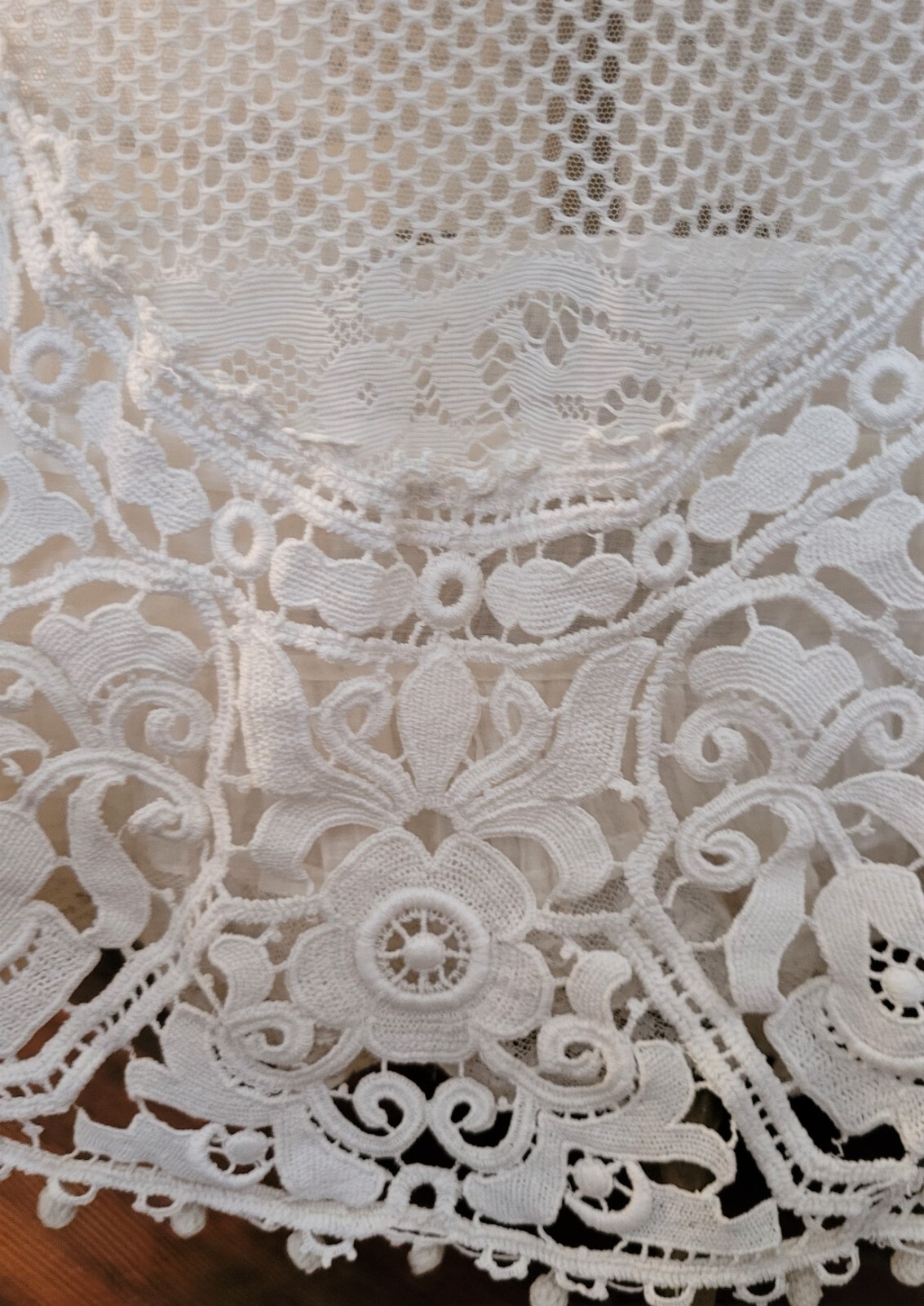 ANTIQUE EDWARDIAN IVORY WOVEN MESH NET DRESS ORNATE IRISH CROCHET WORK BOBINET