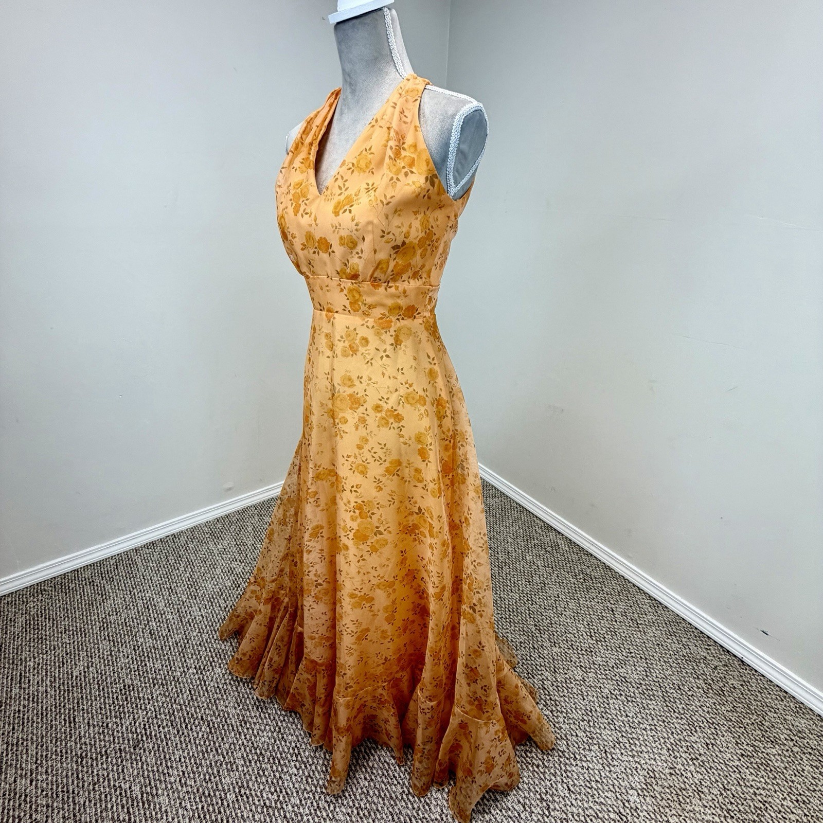 VTG 70s Maxi Dress S Floral Convertible Ruffle Cascade Bustle Train ILGWU USA