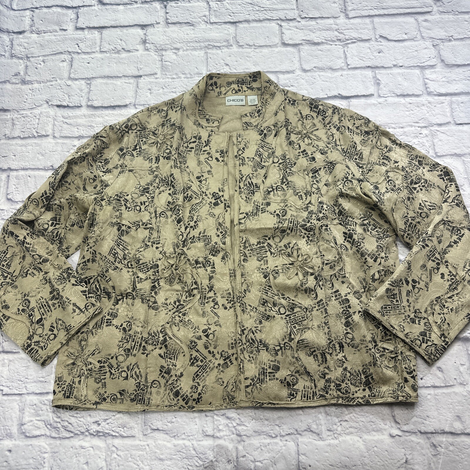 Chico’s Jacket silk linen blend Asian kimono style floral print Tan Black Med 2