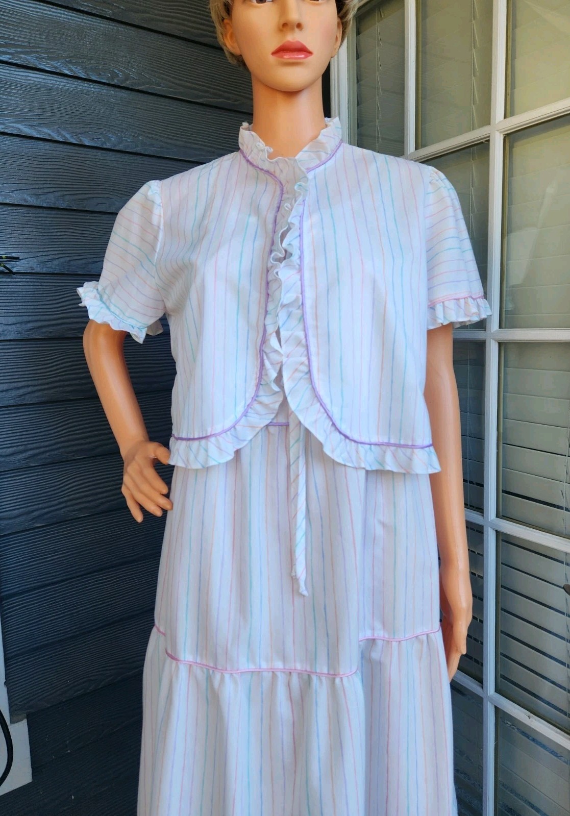 Vtg Brandywine 2-Piece Set Striped Tiered Maxi Prairie Dress & Bolero Jacket M