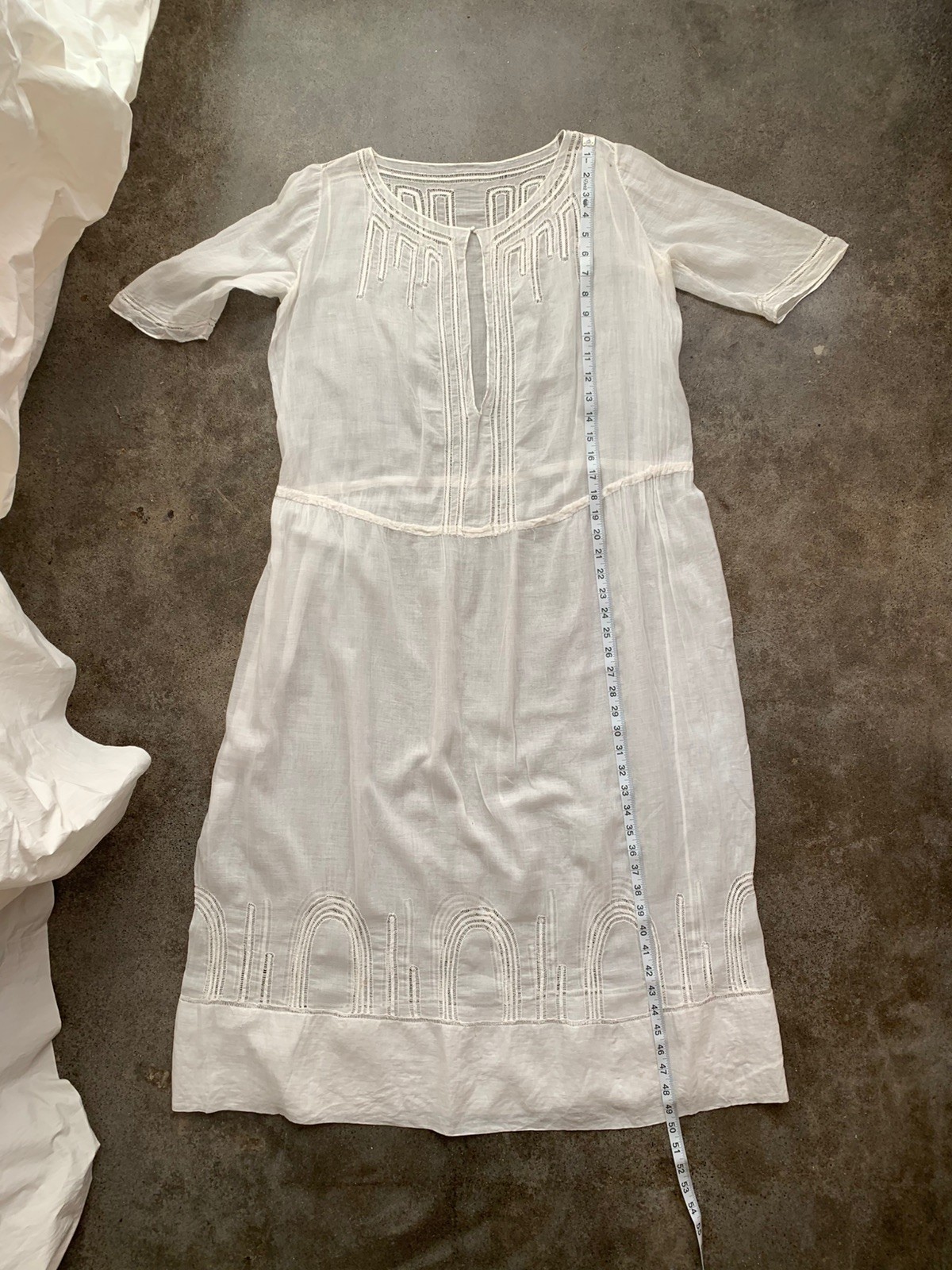 VTG Women’s 20s White Sheer Cotton Voile Dress W/ Open Work Detail Sz M/L 1920s