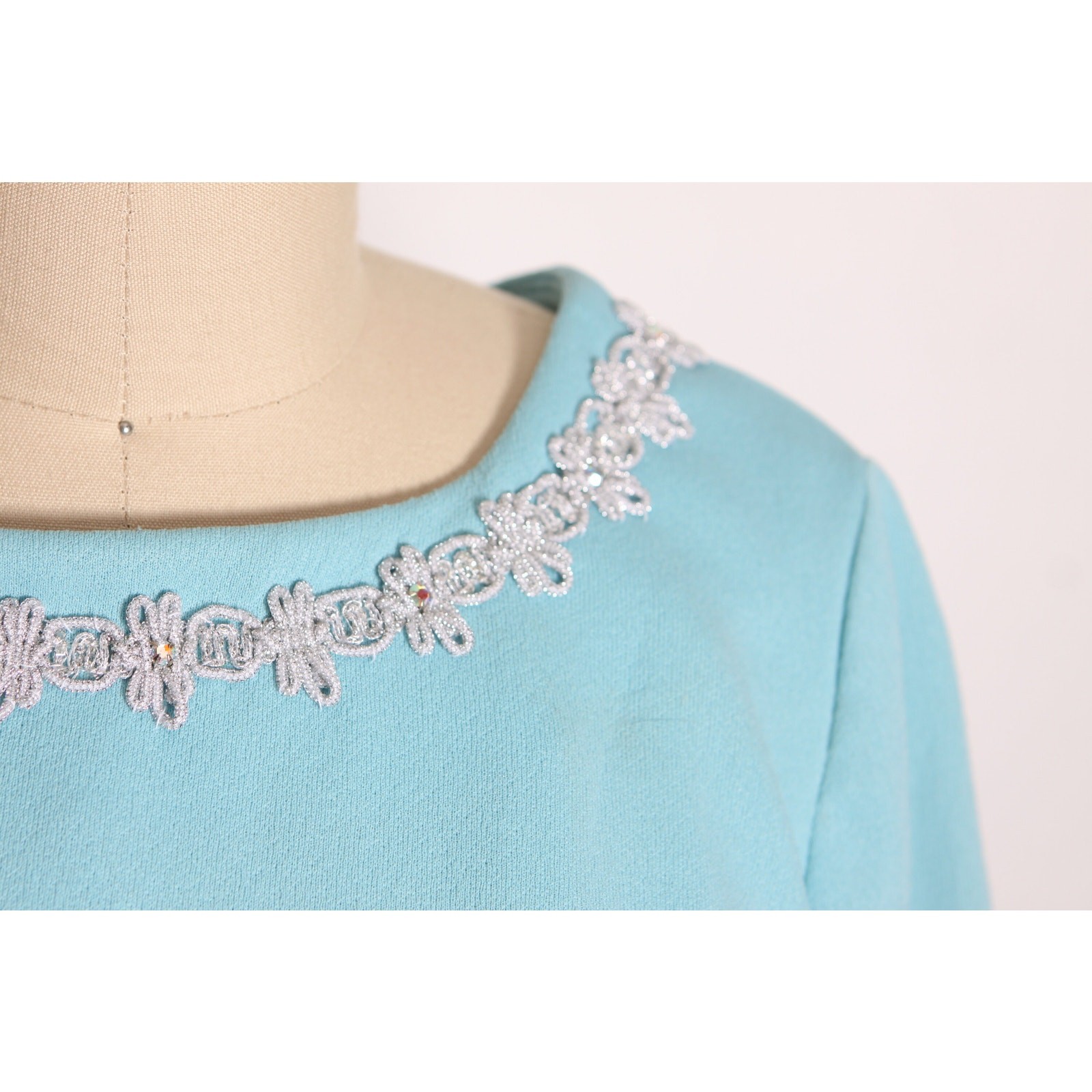 1960s Blue 3/4 Length Sleeve Empire Waist Silver Trim Mod Dress