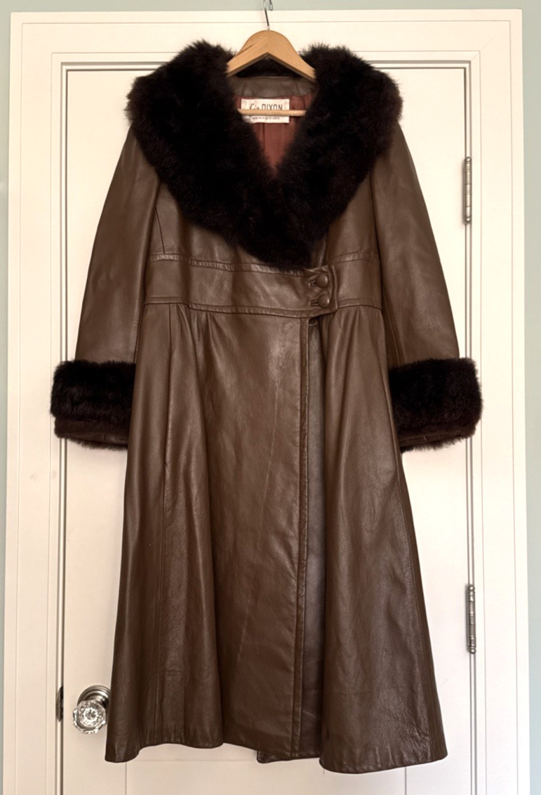 Vintage 1970’s Penny Lane Coat Dark Brown Leather With Sable Fur Trim Size 14