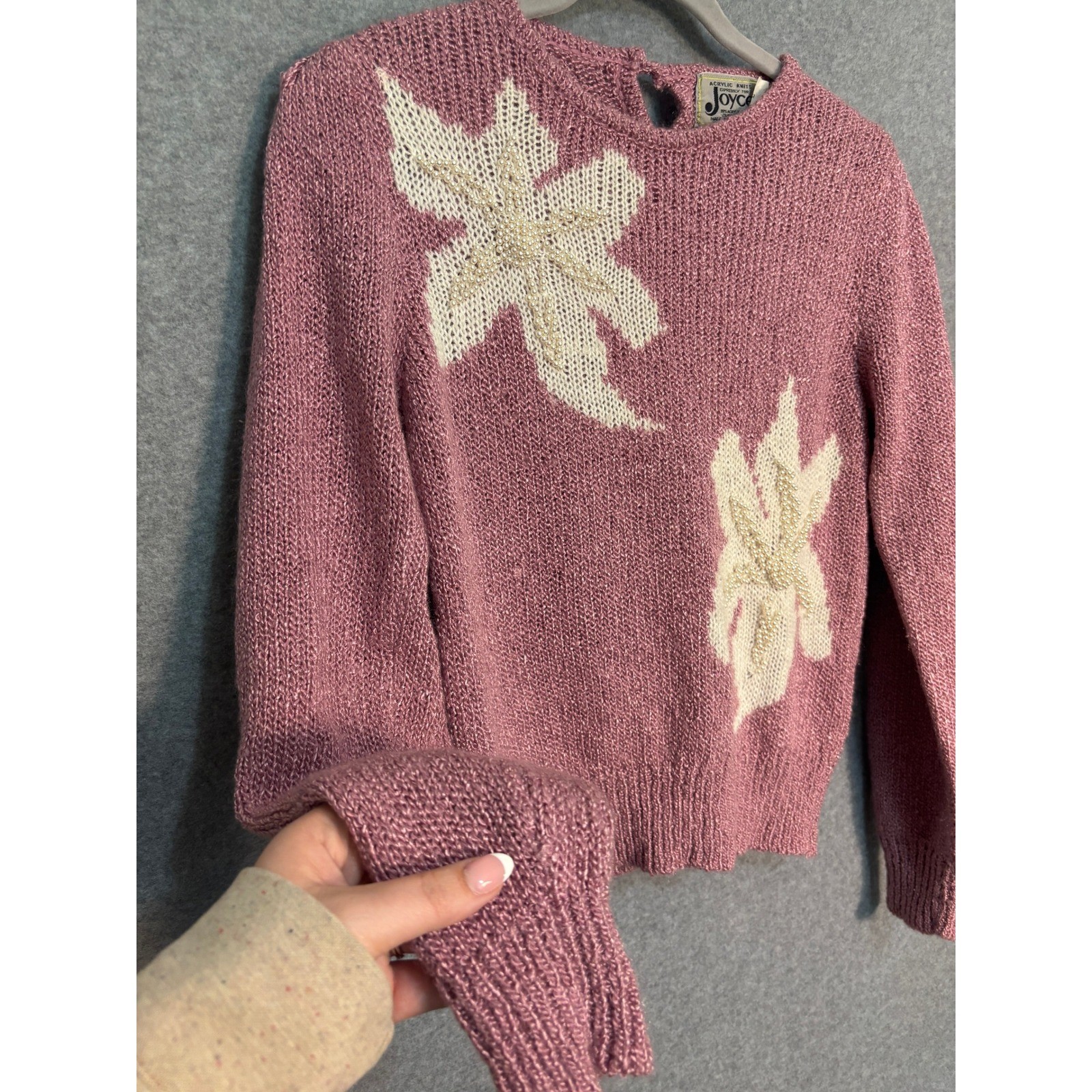 Vintage 80s Joyce Pink Floral Sweater Small Beaded Shoulder Pad Cottagecore