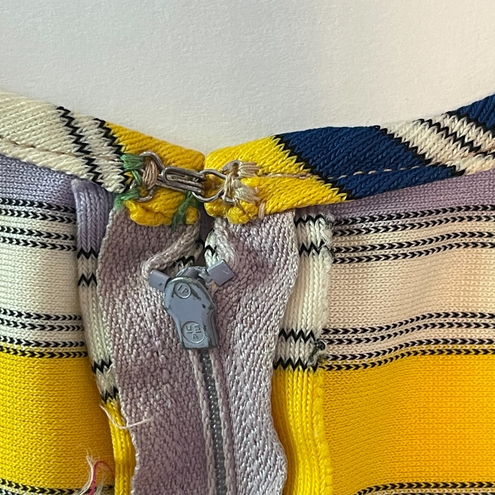 Vintage 60s Aladdin Striped Top Blouse Yellow Blue Purple V-Neck with Waist Tie
