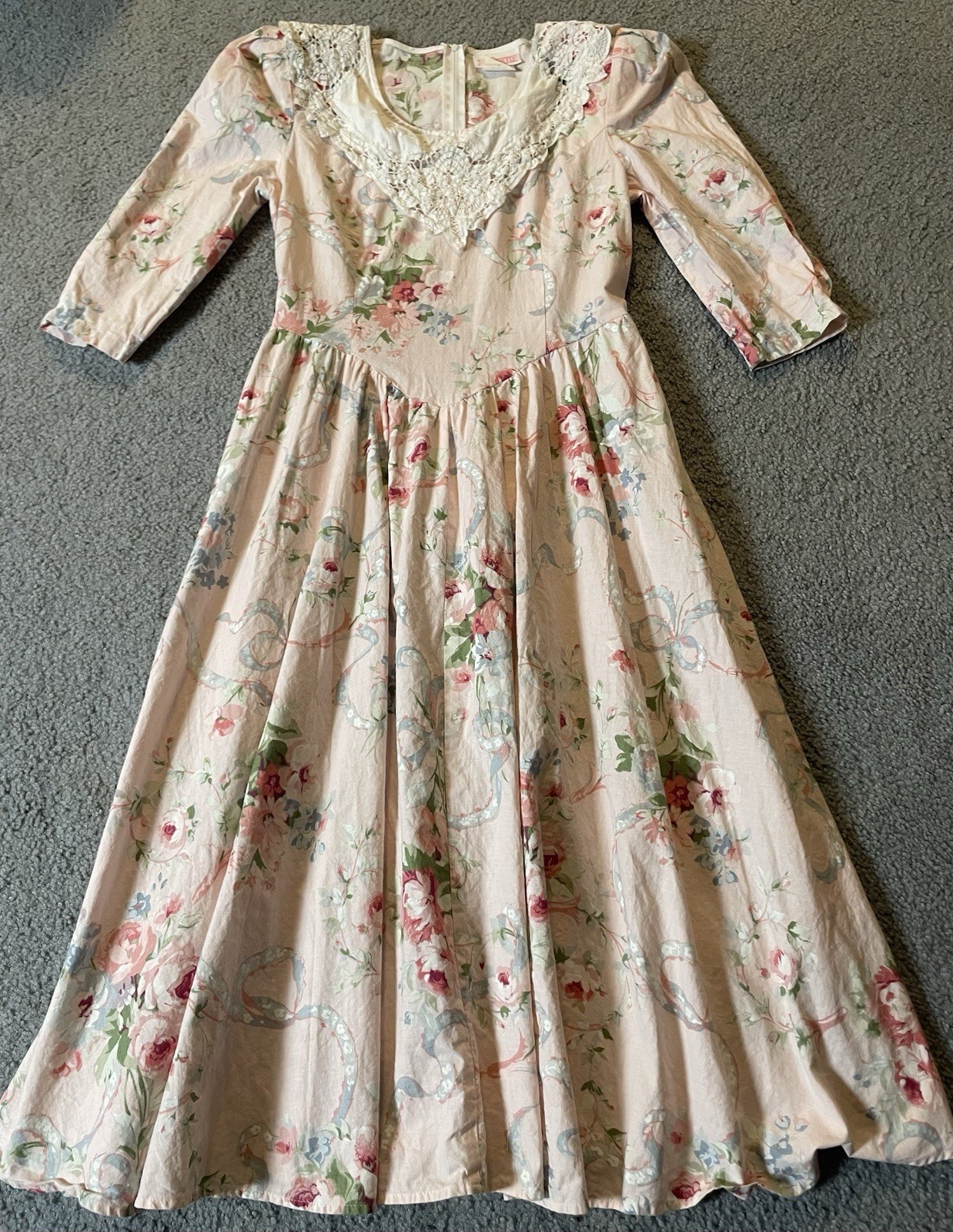 Vtg 80s Floral Pink Midi Dress S/M Hand Embroidered Lace USA Made Cottagecore