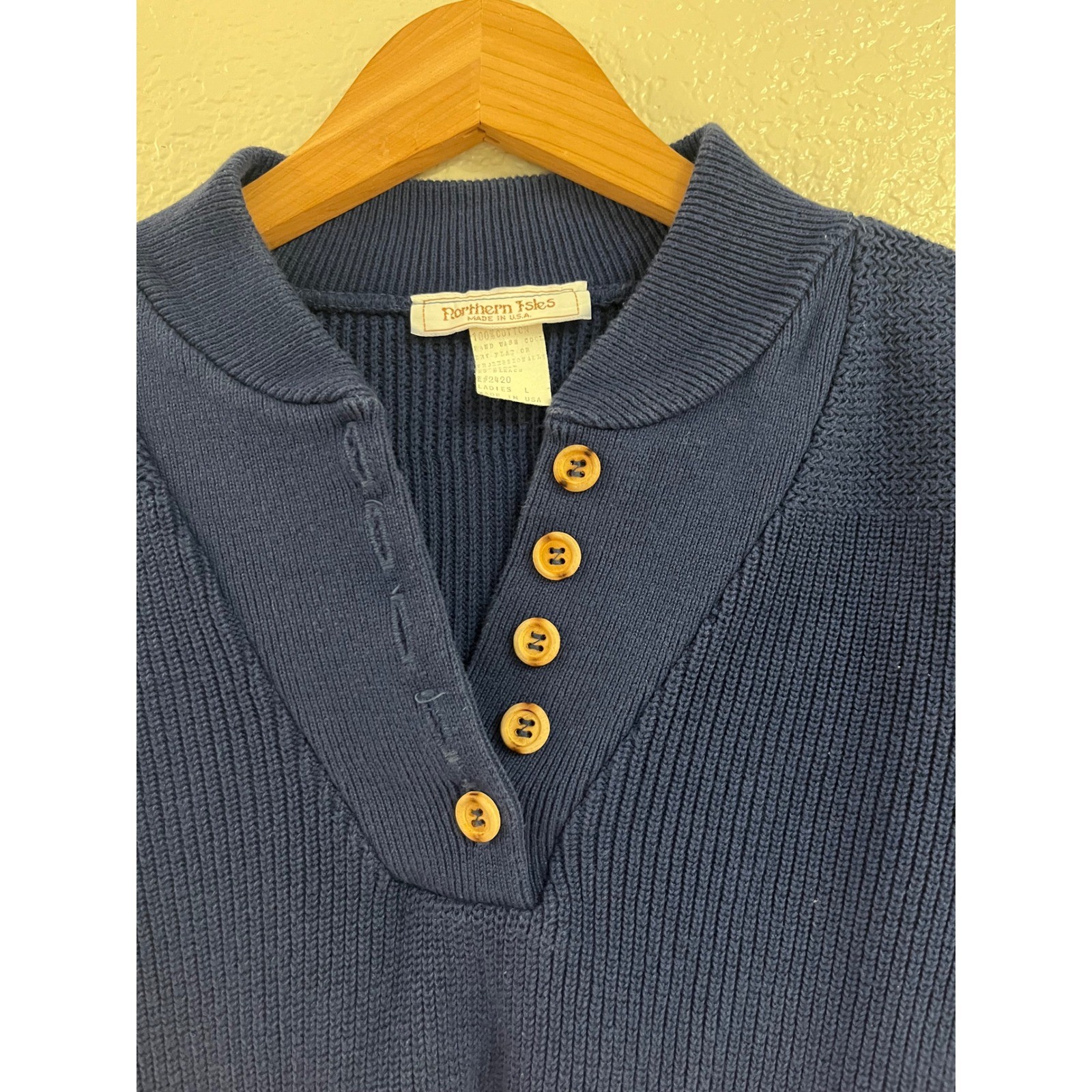 Northern Isles Vintage Navy Blue Cotton Ribbed Henley Sweater Made in USA Large