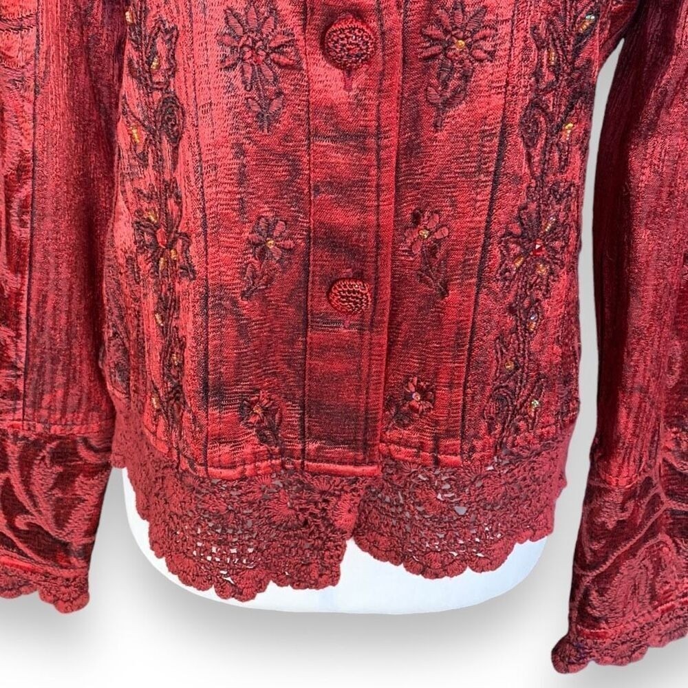 Vintage Flashback Jacket Metallic Cherry Red Floral Detail Lace Embroidery