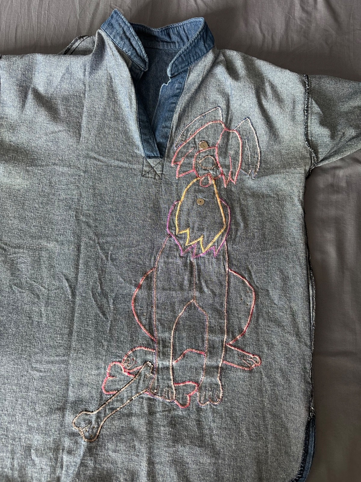 VTG Alfredo’s Wife Wearable Art Whimsical Dog Applique Denim Tunic SZ S OOAK