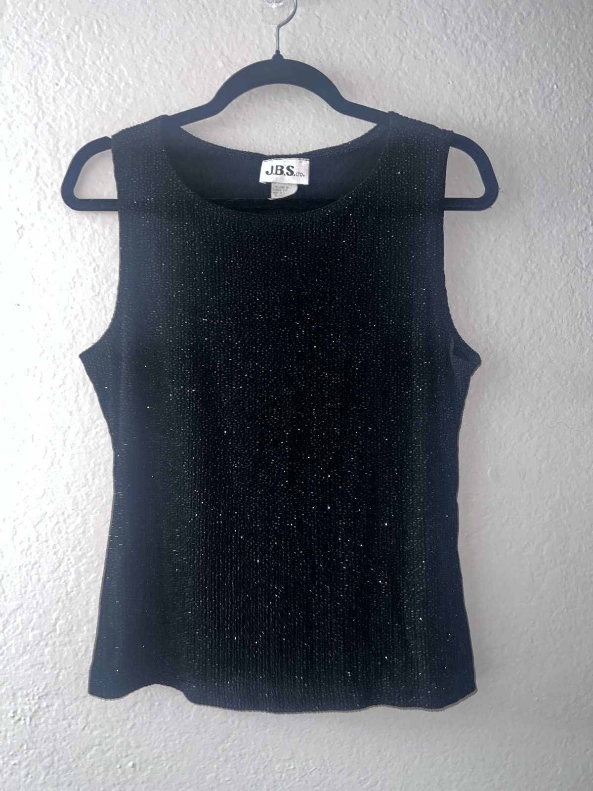 J.B.S. LTD. Black Glitter Knit Sleeveless Tank Top Acetate Spandex L – Vintage