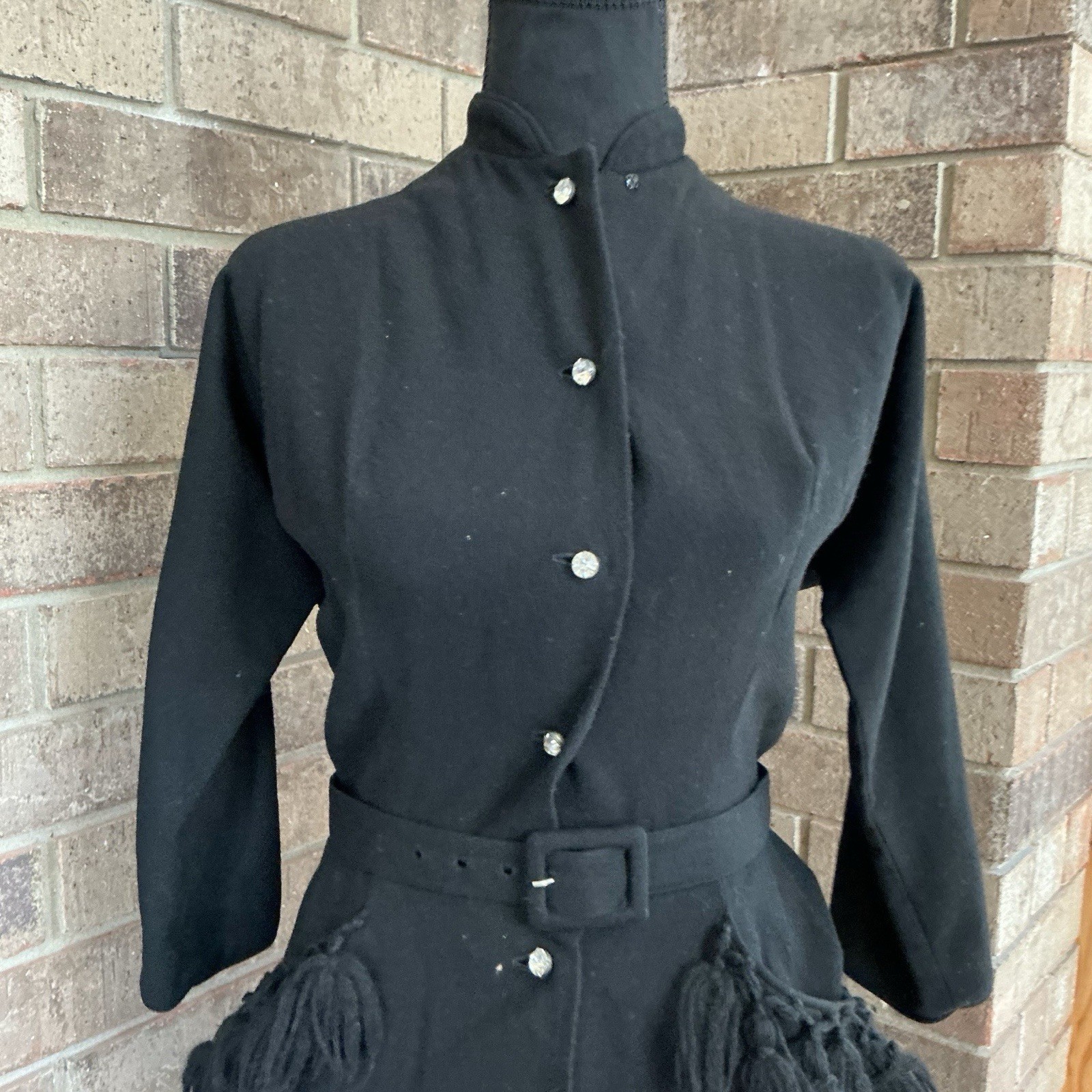 VINTAGE Black Wool Midi Dress Fringe Pockets Belt Button Front Size S/M #8D4
