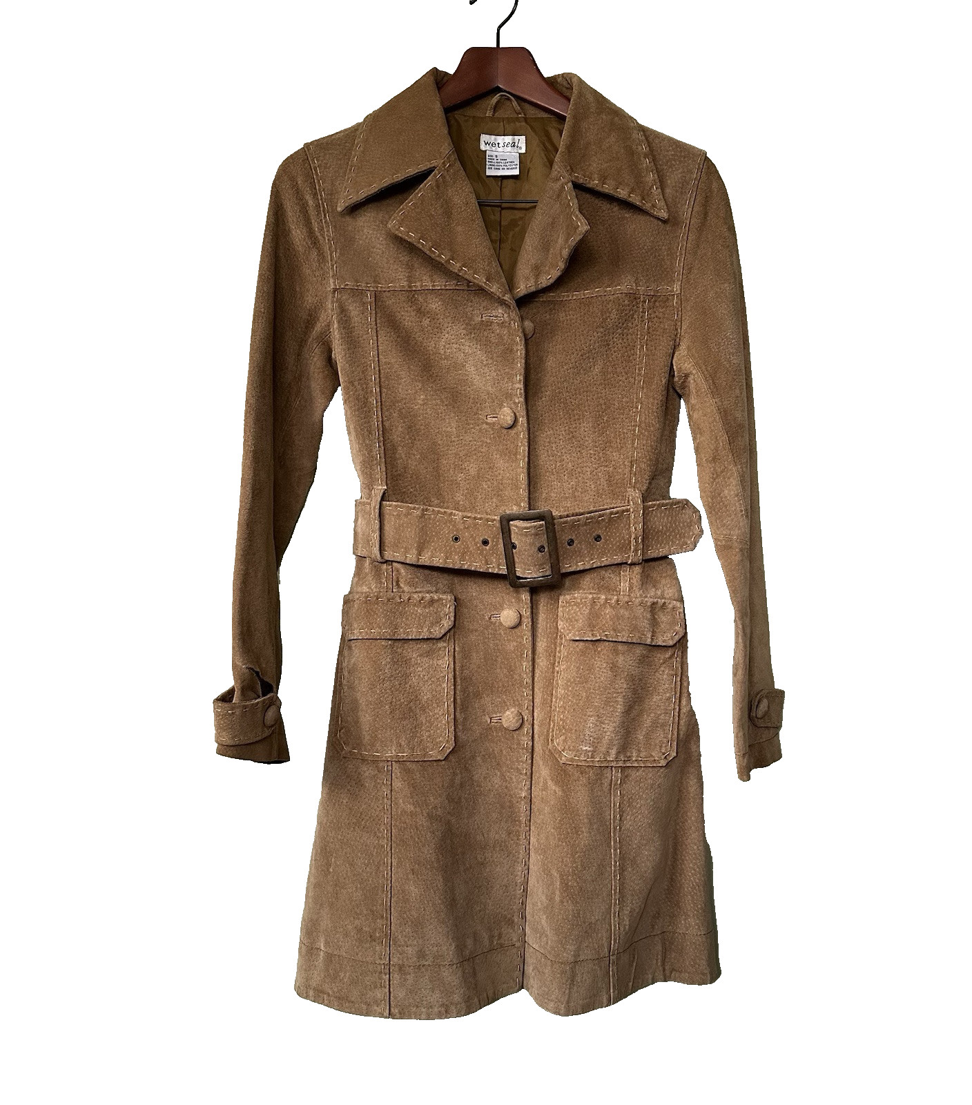 VTG Y2K Wet Seal Suede Leather Wide Belted Stitched Detail Coat Jacket Sz Small