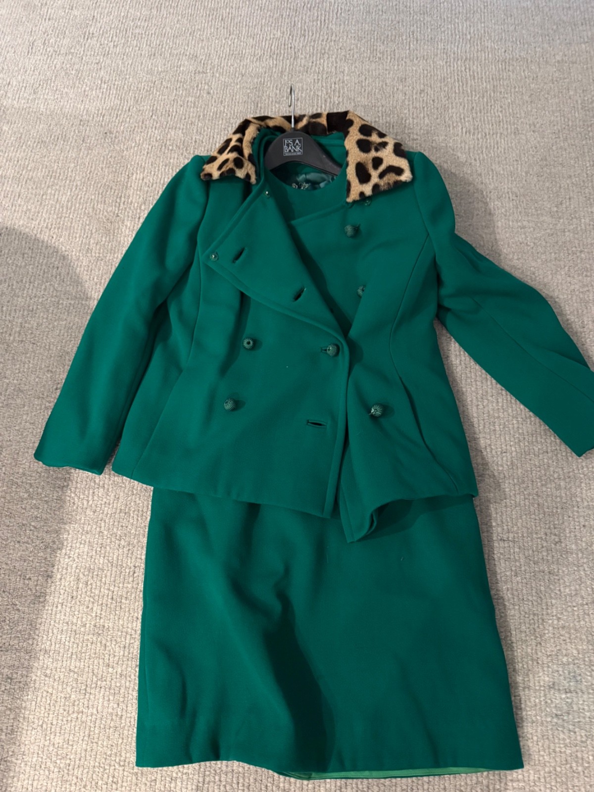 Vintage 60s Wool Coat & Dress Set Leopard Fur Collar Kelly Green approx 4