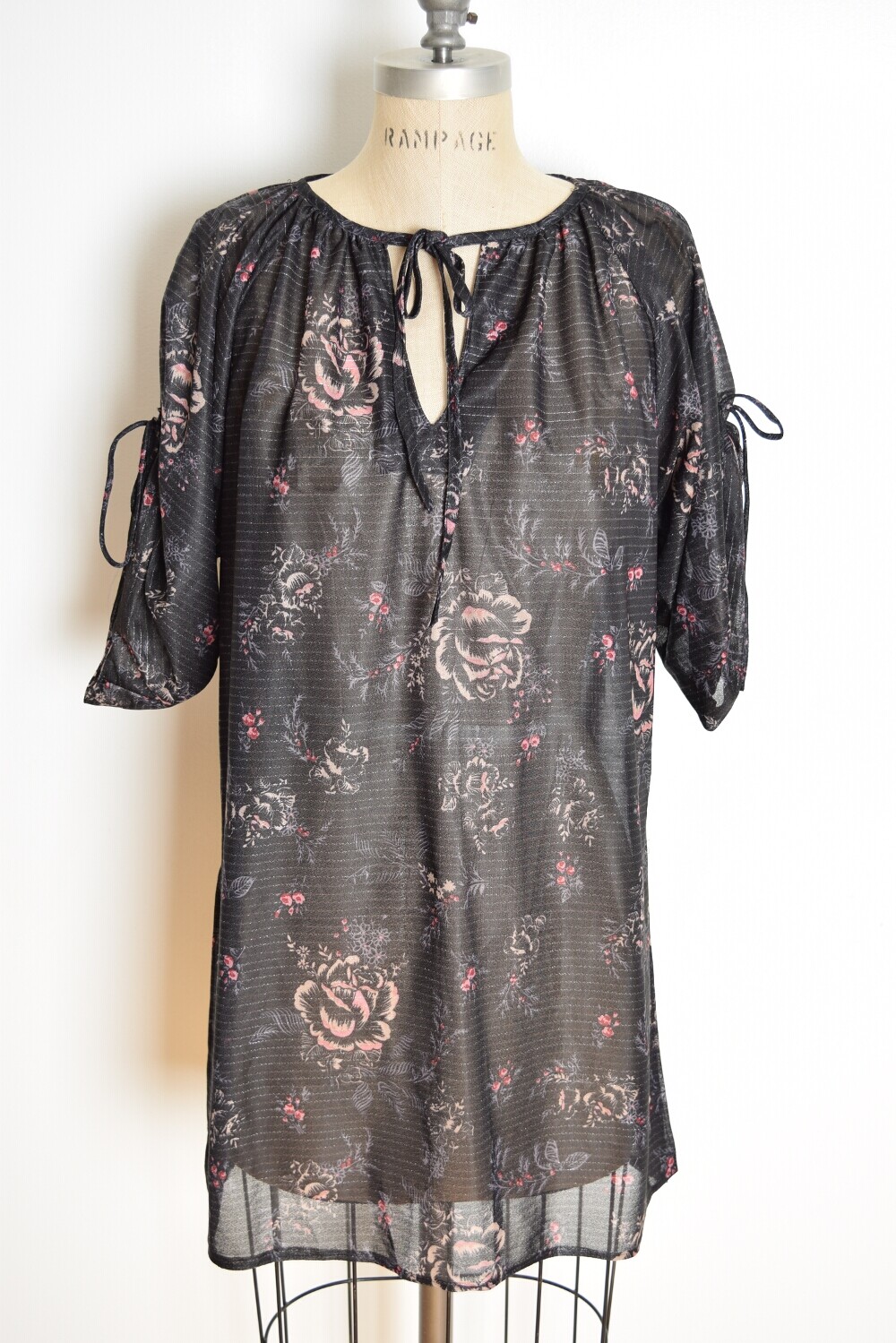 vintage 70s top sheer black metallic floral print hippie boho tunic shirt L XL
