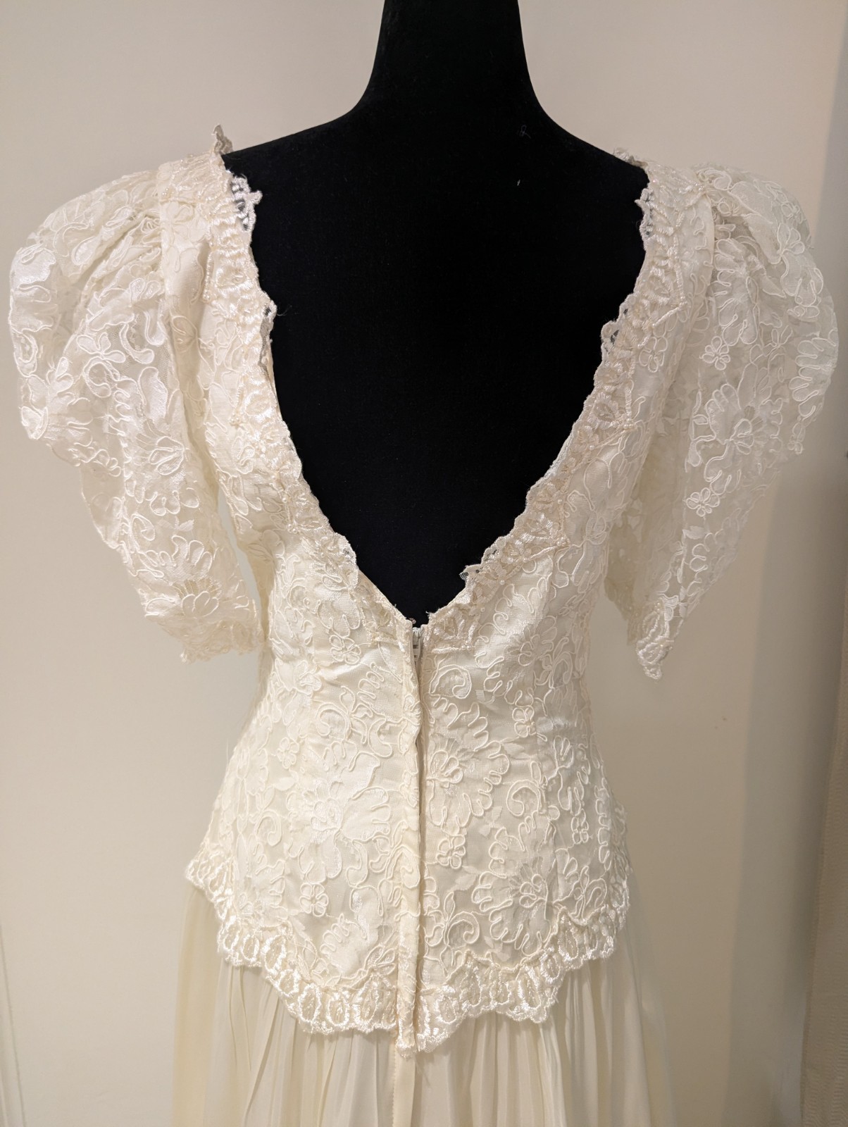 Vintage 1990s ILGWU Union Made Ivory Satin Wedding Dress Sequin Pearl Open Back