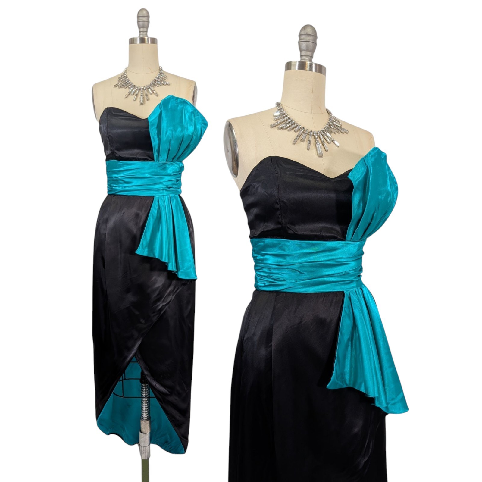 Vtg 80s Prom Dress XS Black Teal Strapless Avant Garde Maxi Glam Satin Hi Low