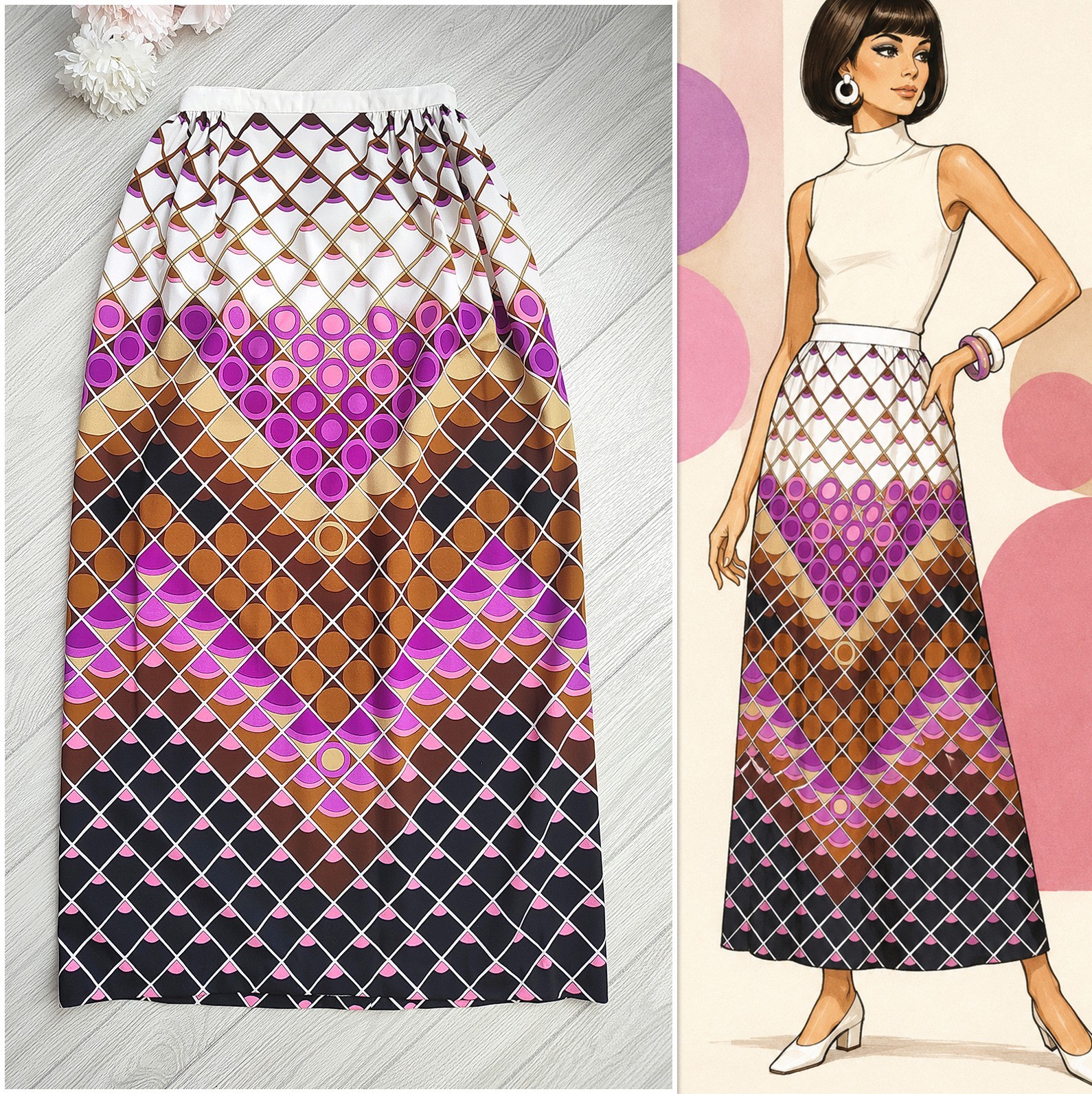 60s-70s Mod Psychedelic Maxi Skirt Purple Geometric Diamond Print Vintage Boho M