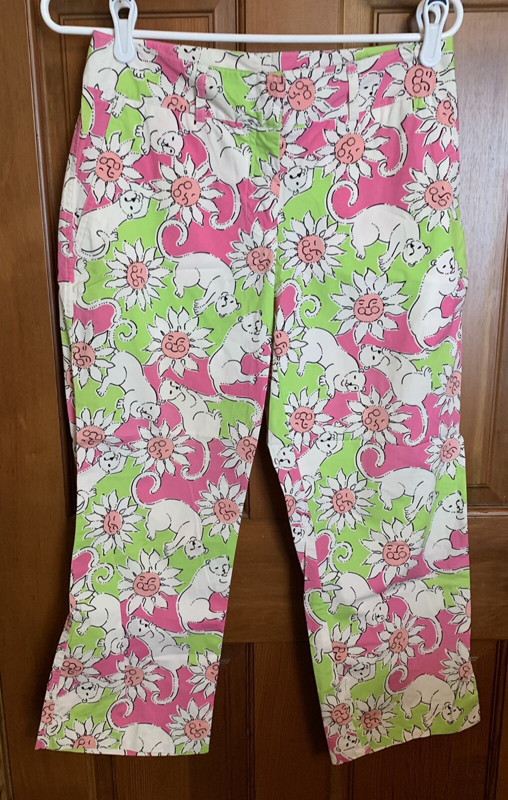 Lilly Pulitzer White Label Women’s 2 bright pink Green Capri Pants Sun Lioness
