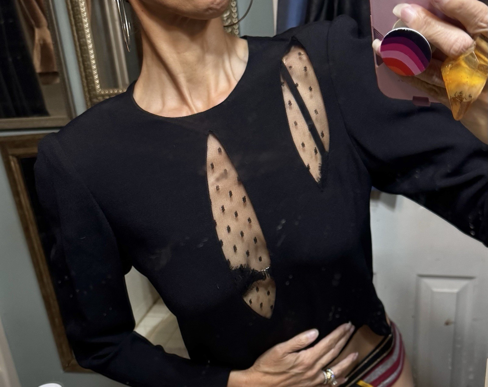 Sonia Rykiel France Black Peep Plunge Sexy Netting Rhinestones LS Blouse Top S