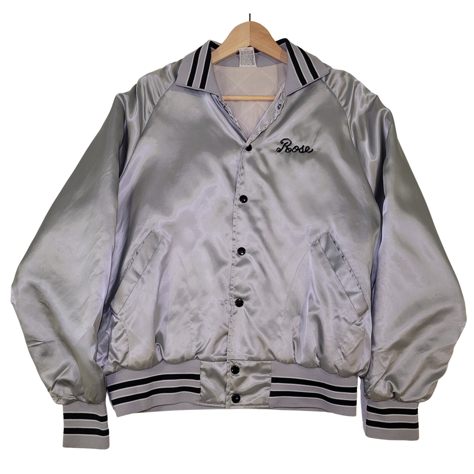80s 90s Vintage Satin Silver Collared Bomber Jacket Rose Construction, Large
