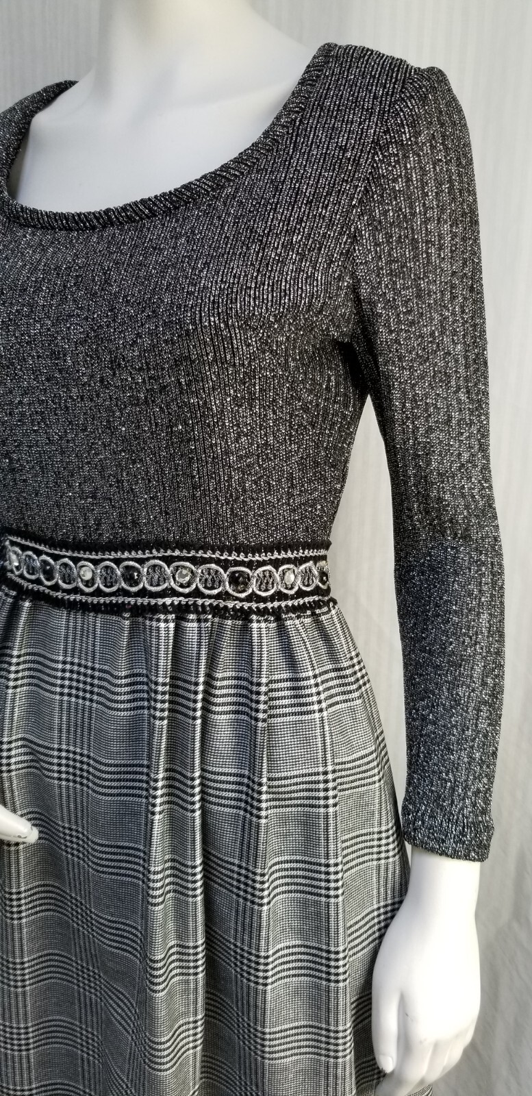 Vintage Black w/ Silver Lurex Rib Knit Glen Plaid Maxi Dress- Size S – EUC