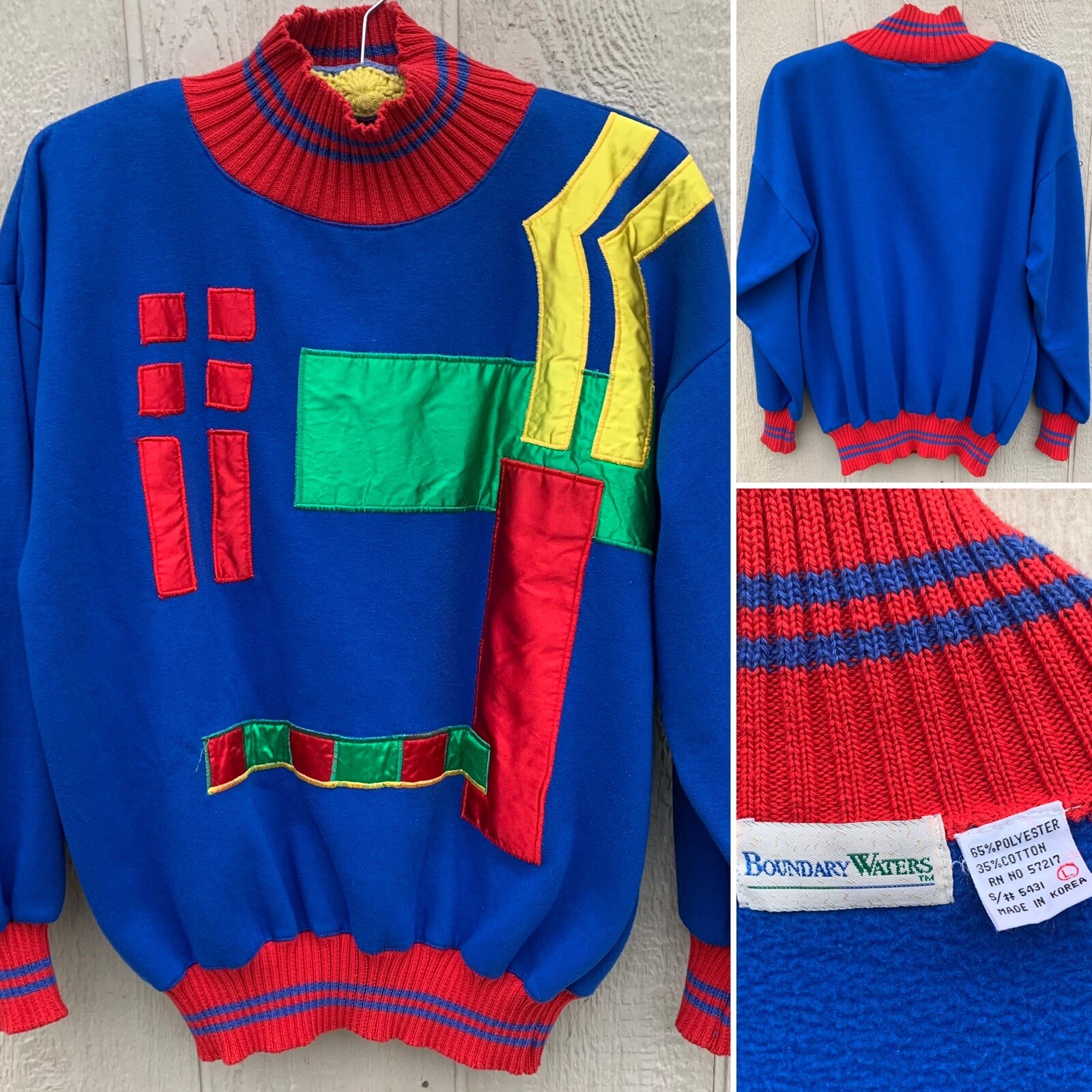 vintage sweashirt with geometric satin primary colors 1980s Boundary Waters L