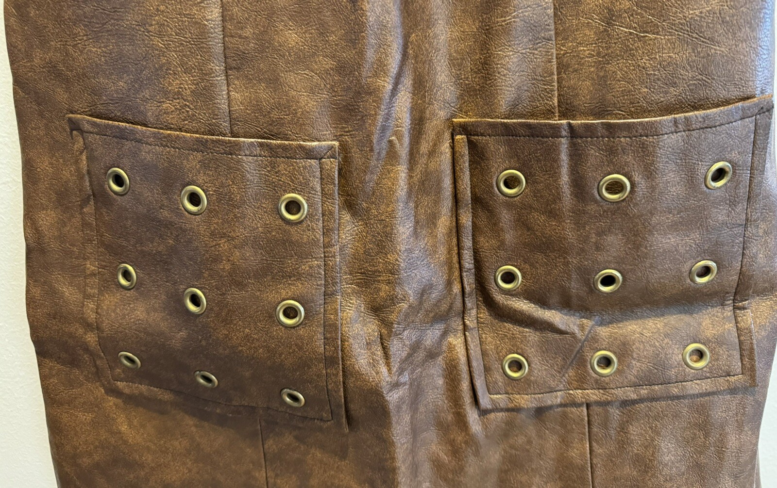 VTG Pleather Faux Dress Brown Mod Retro 60s Grommets Medium Pockets