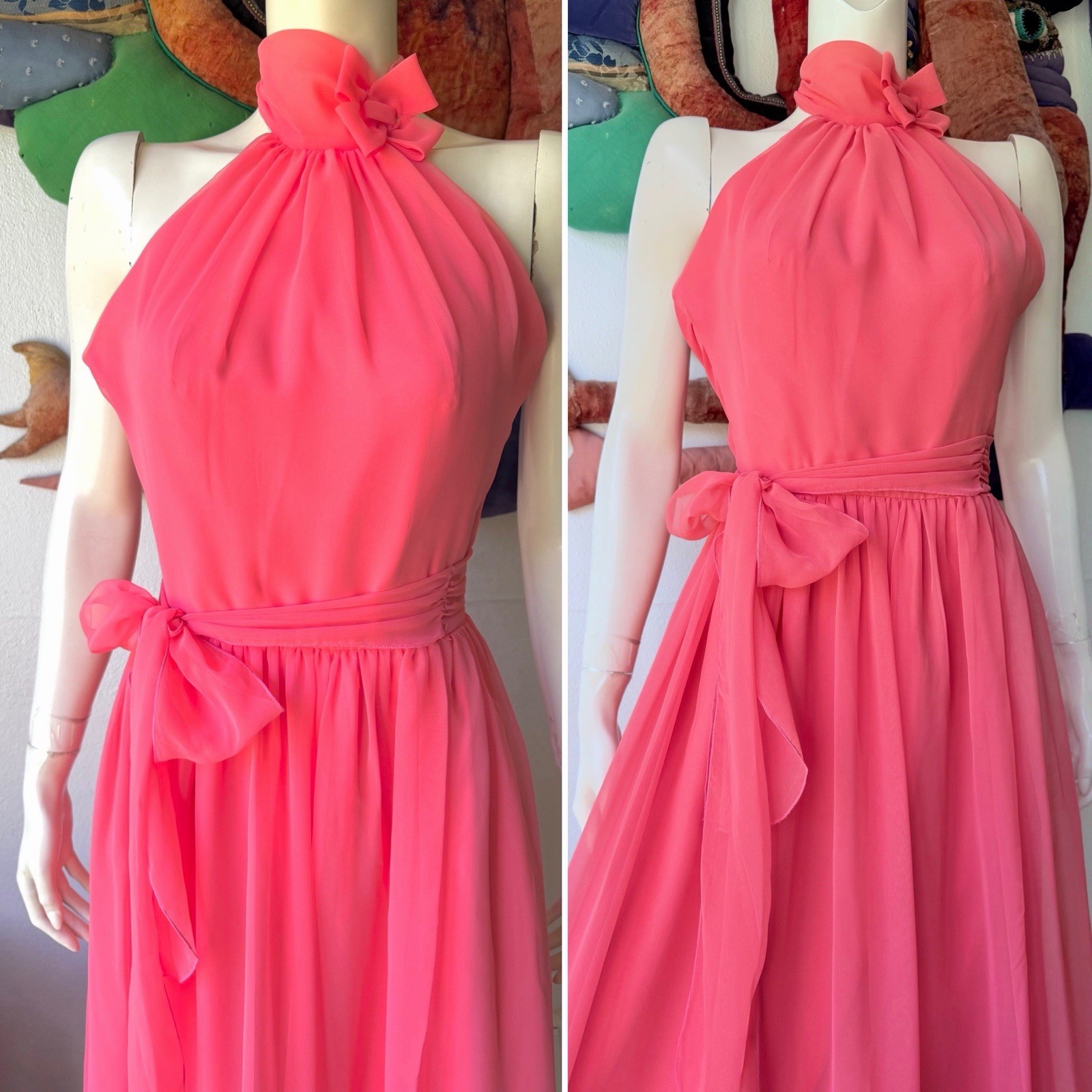 Vintage House of Bianchi CHIFFON DRESS 60s 1970s Wedding Party Watermelon Pink
