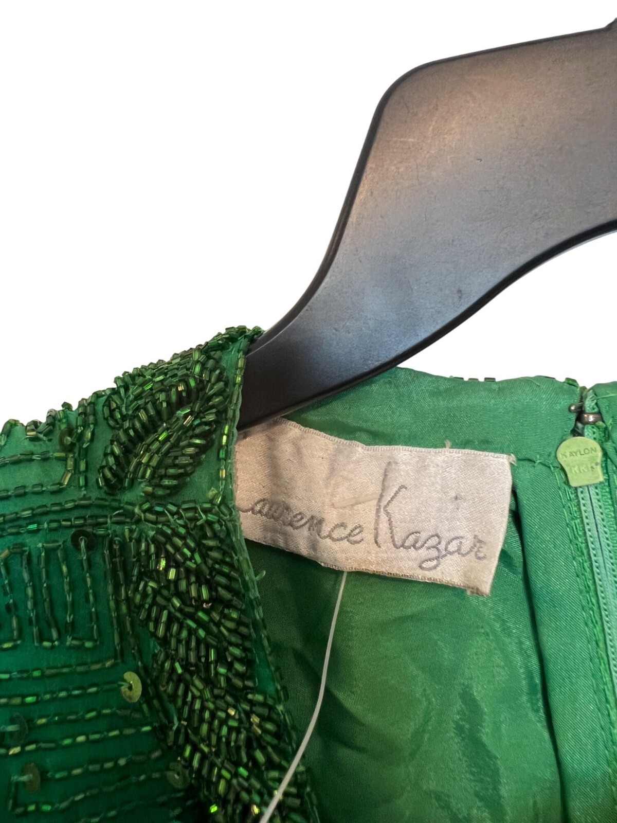 Vintage Lawrence Kazar Green Beaded Silk Dress With Rayon Lining Short Sleeves &