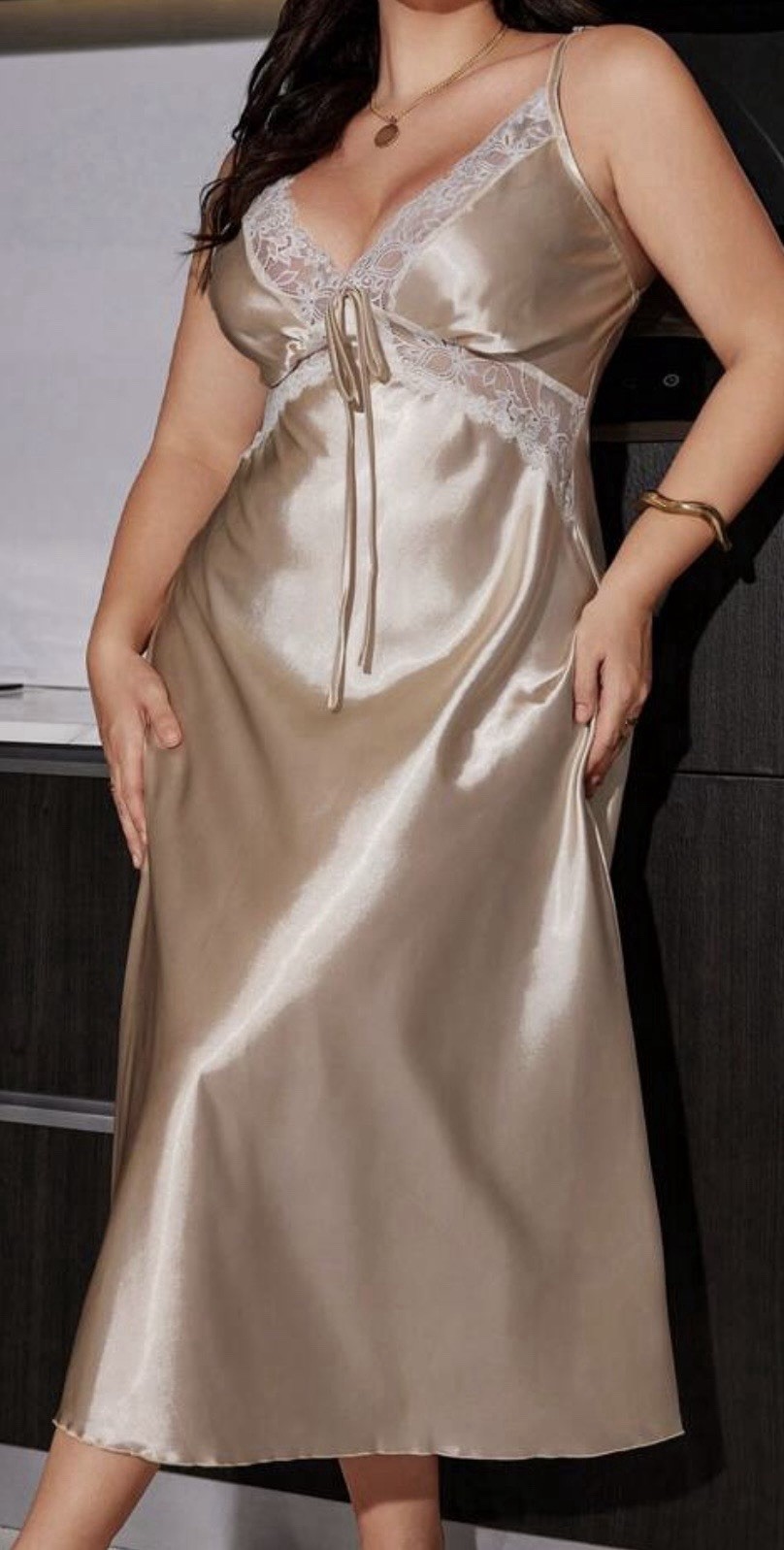 Champagne Satin w Lace Detail Exquisite Silky Long Nightdress Nightgown NEW 5XL