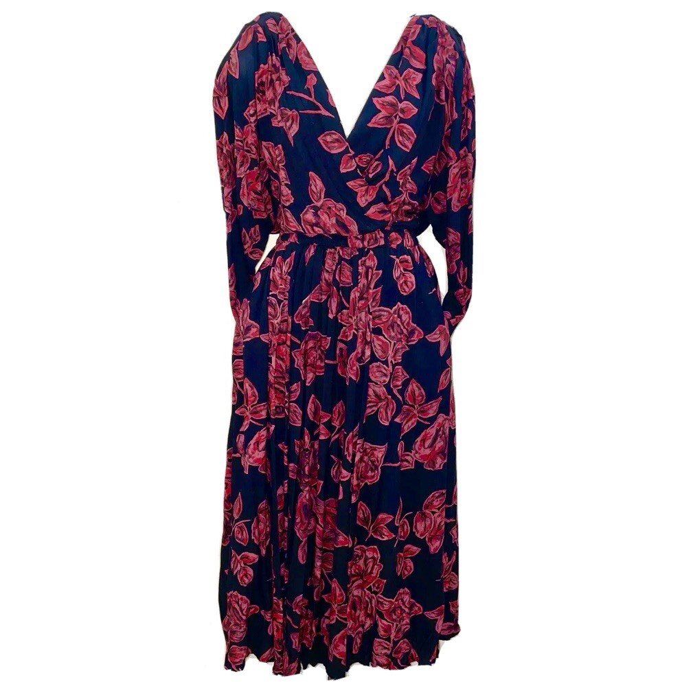 Vintage 80s V Neck Red/Black Floral Dress Size S/M Dark Romantic Whimsigoth Boho