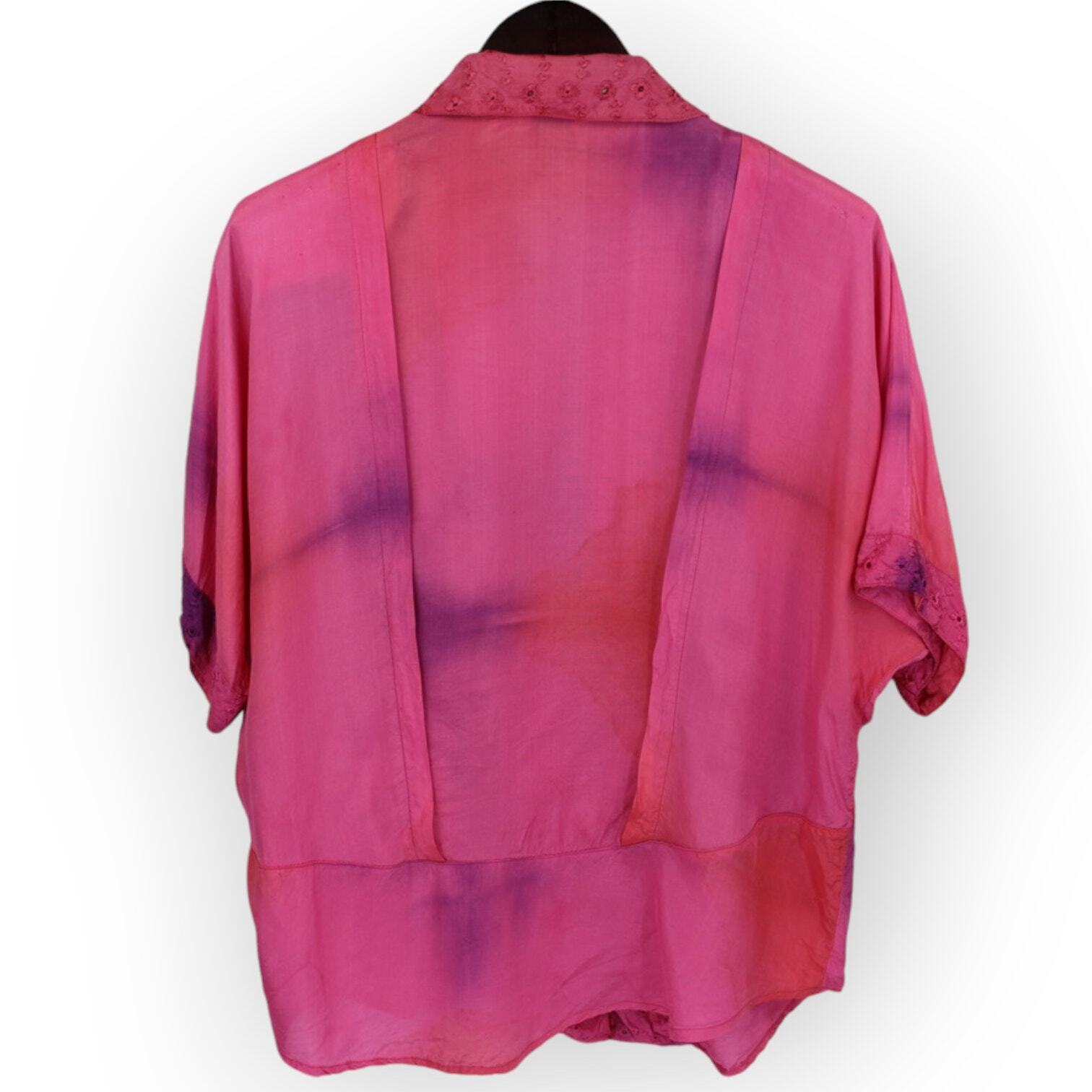 Vintage 80s Maharaj Blouse (S) Rayon FauxLeather Embroider Dyed S/S ButtonUp