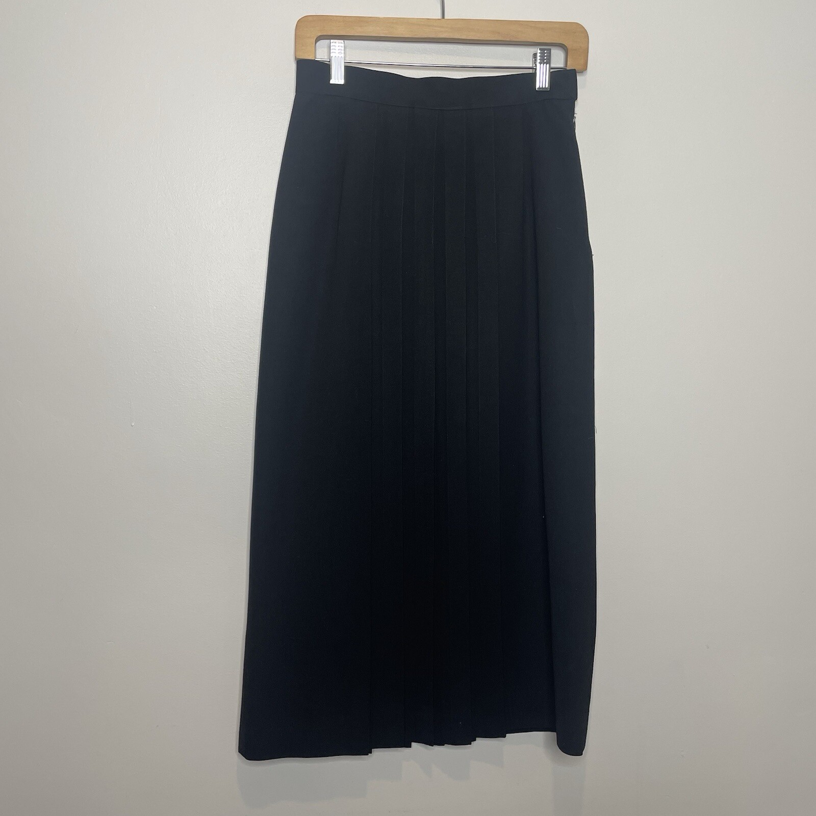 Vintage 80’s David Brooks Black Worsted Wool Pleated High Waist Midi Skirt 10